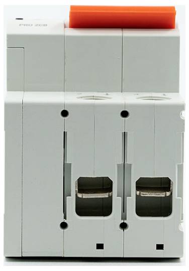 Grauer Elektroschutzschalter mit einem orangefarbenen Kippschalter oben und zwei Schalteröffnungen an der Vorderseite.