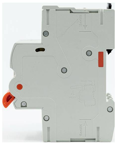 Grauer Elektroschalter mit orangefarbenem Schalthebel, in Seitenansicht auf weißem Hintergrund dargestellt.