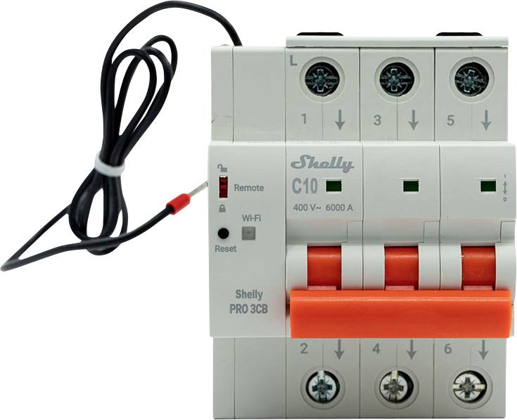 Shelly Pro 3CB intelligente Leistungsschalter mit drei orangefarbenen Schaltern und angeschlossenem schwarzem Stromkabel auf weißem Hintergrund.