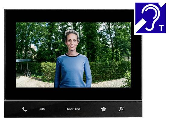 Videosprechanlage zeigt eine Frau im Freien, mit einem Hörsystem-Symbol, das die Zugänglichkeit für Hörgerätenutzer anzeigt.