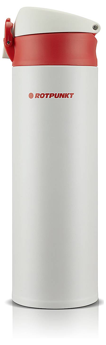 Rote und silberne zylindrische Rotpunkt-Isolierflasche mit Klappdeckel, dargestellt auf weißem Hintergrund.