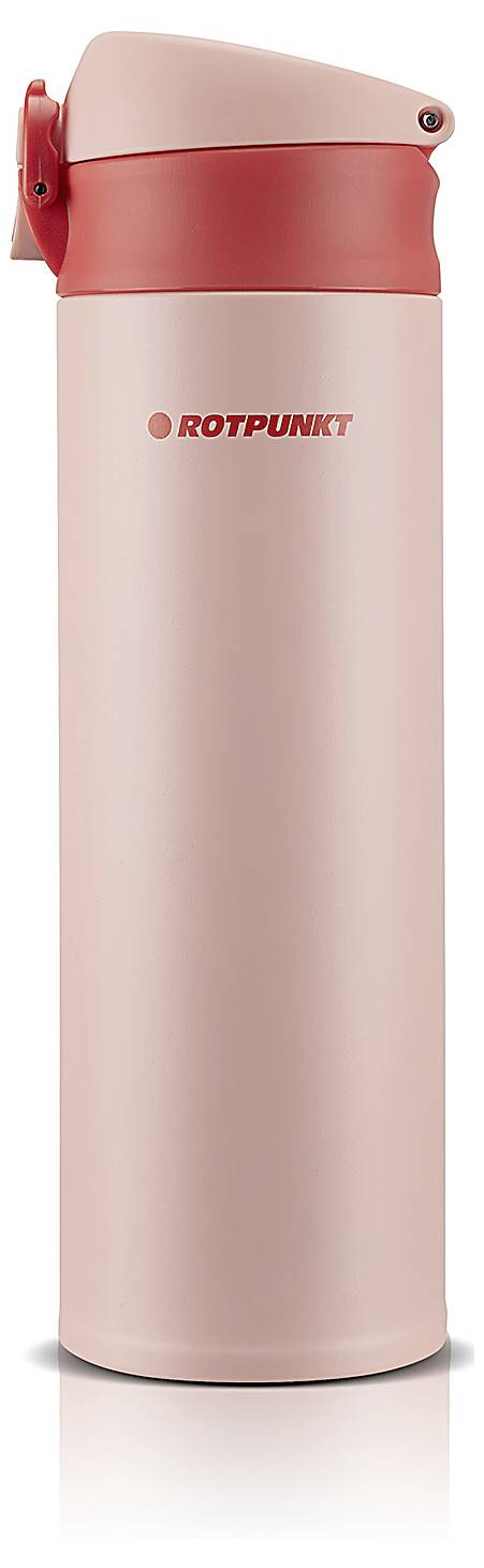 Rosa ROTPUNKT isolierte Trinkflasche mit rotem Deckel und Logo auf weißem Hintergrund.