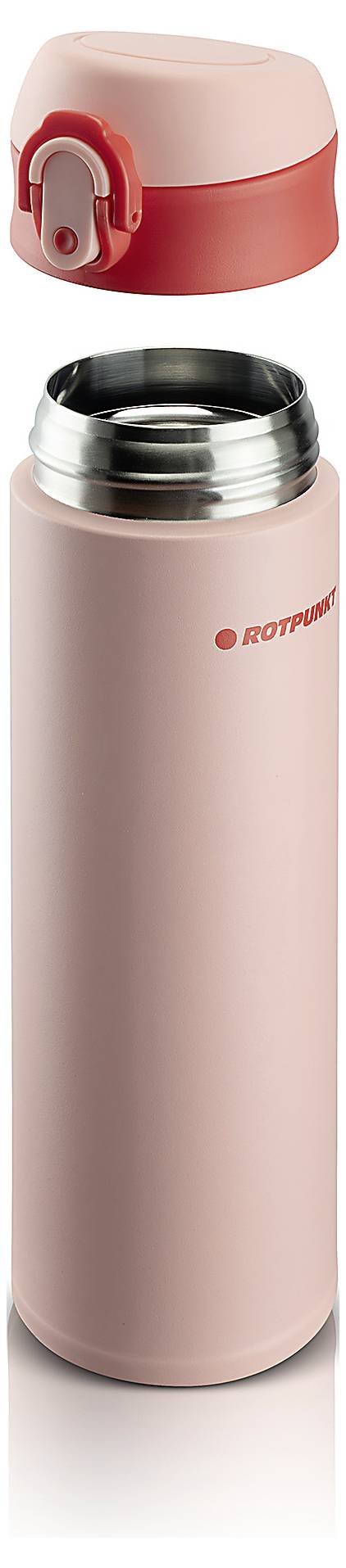 Rosa isolierte Edelstahlflasche mit roter Klappdeckel, oben offen über der Flasche gezeigt, wobei die aufschraubbare Mundöffnung sichtbar ist.