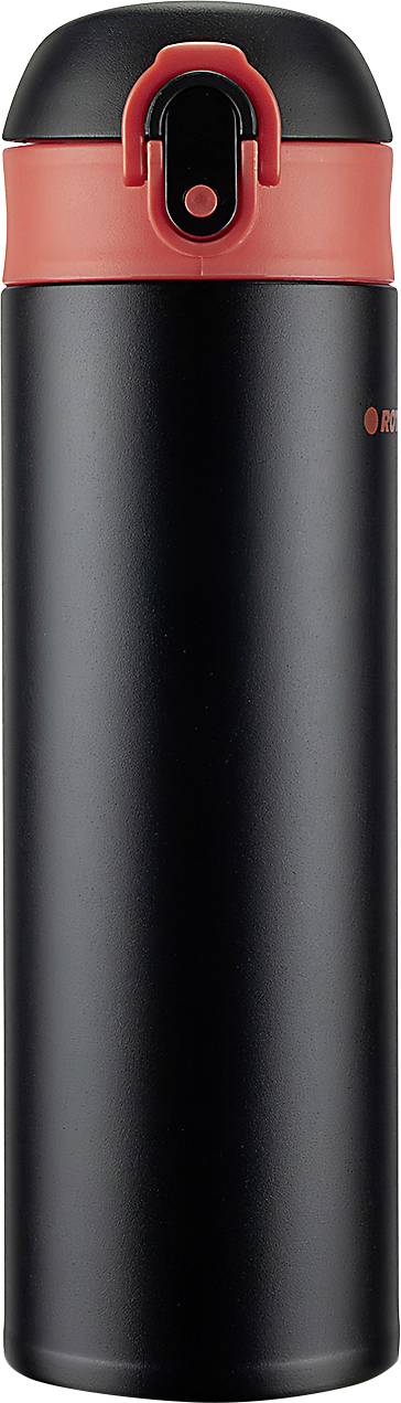 Schwarz-rote isolierte Reisebecher oder Thermoskanne mit Flip-Top-Deckel, aufrecht auf einfachem weißem Hintergrund dargestellt.