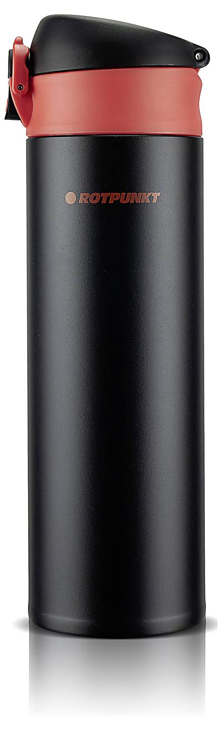 Schwarz und korallenfarbene isolierte Reisekaffeetasse mit Flip-Top-Deckel, auf weißem Hintergrund dargestellt.