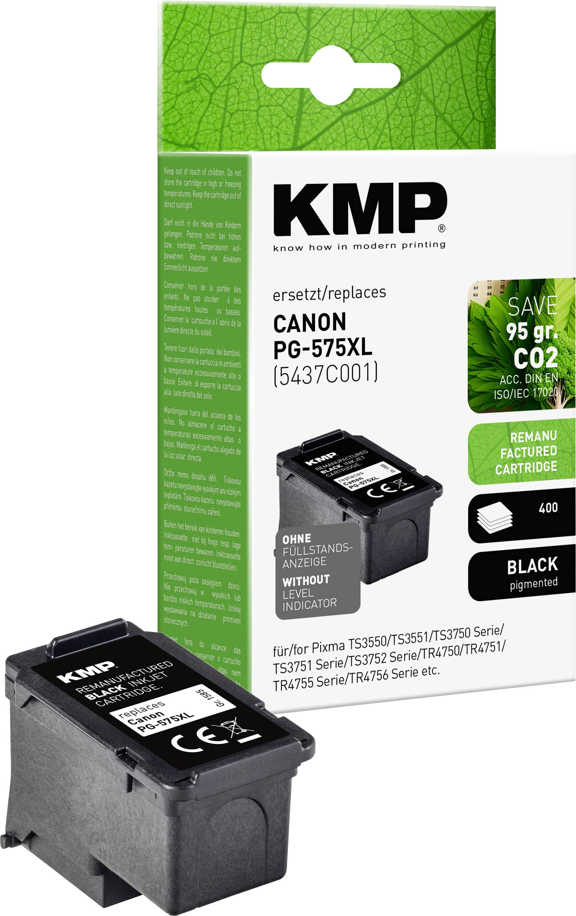 KMP Ersatz-Schwarztintenpatrone für Canon PG-575XL, mit Produktverpackung und Patrone dargestellt.