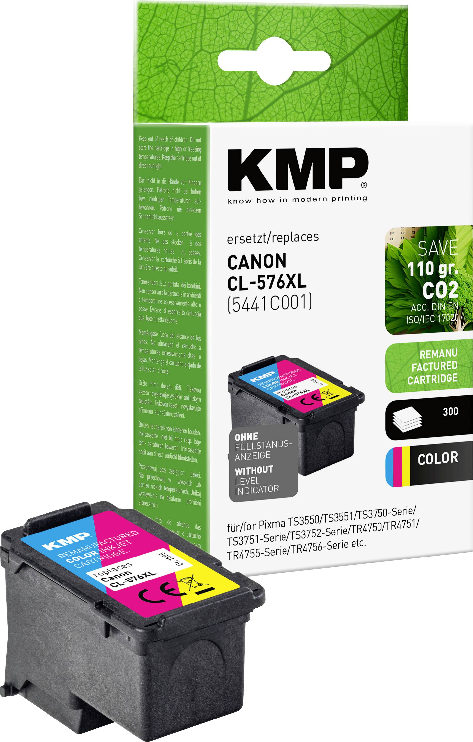 KMP Nachfüllpatronen für Canon CL-576XL Farbdrucker, zeigt die Patrone und Einzelhandelsverpackung mit Modellkompatibilität und Farbtonettenetikett.