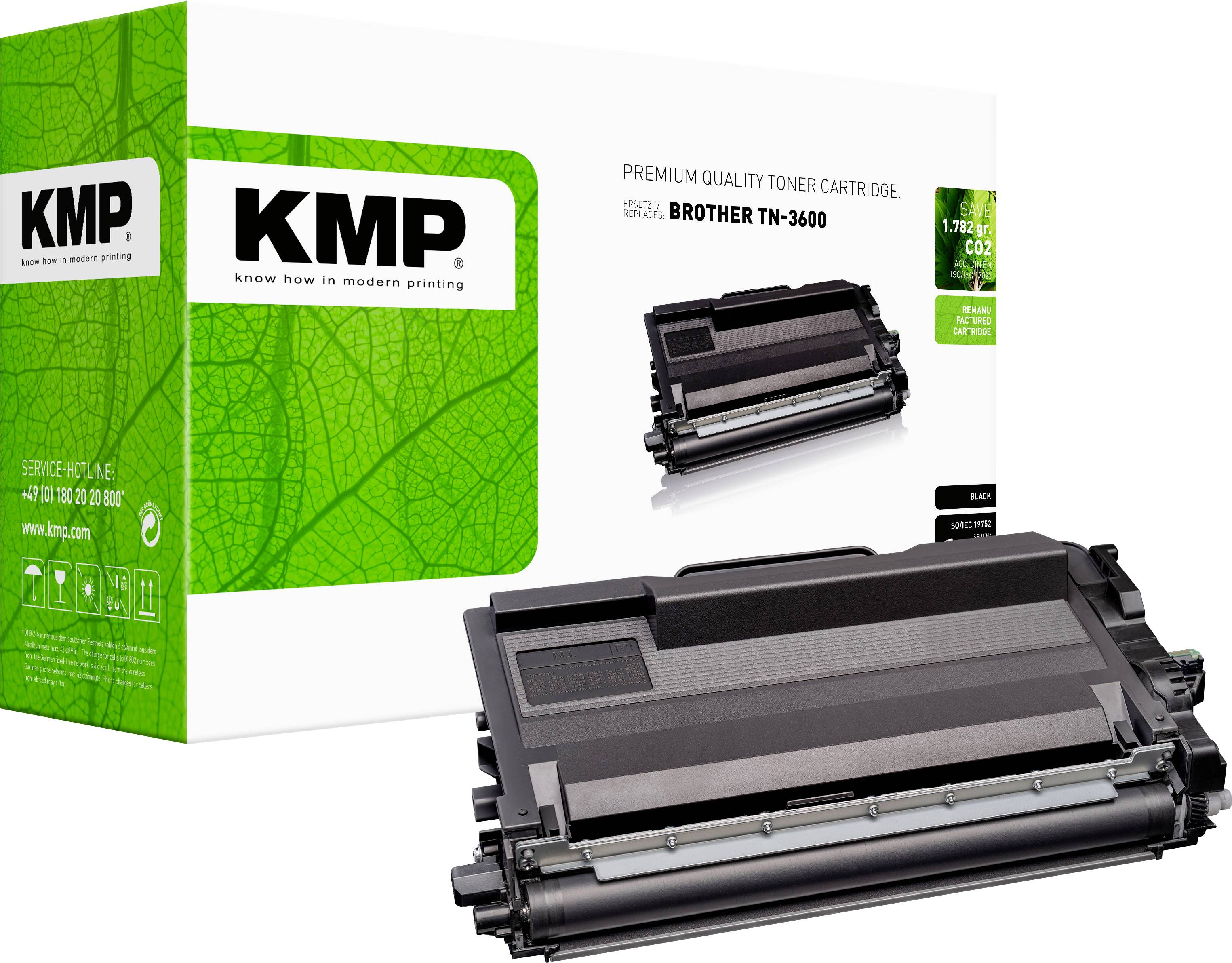 KMP Premium-Qualität Tonerkartusche für Brother TN-3600, abgebildet mit Produktbox und Kartusche auf weißem Hintergrund.