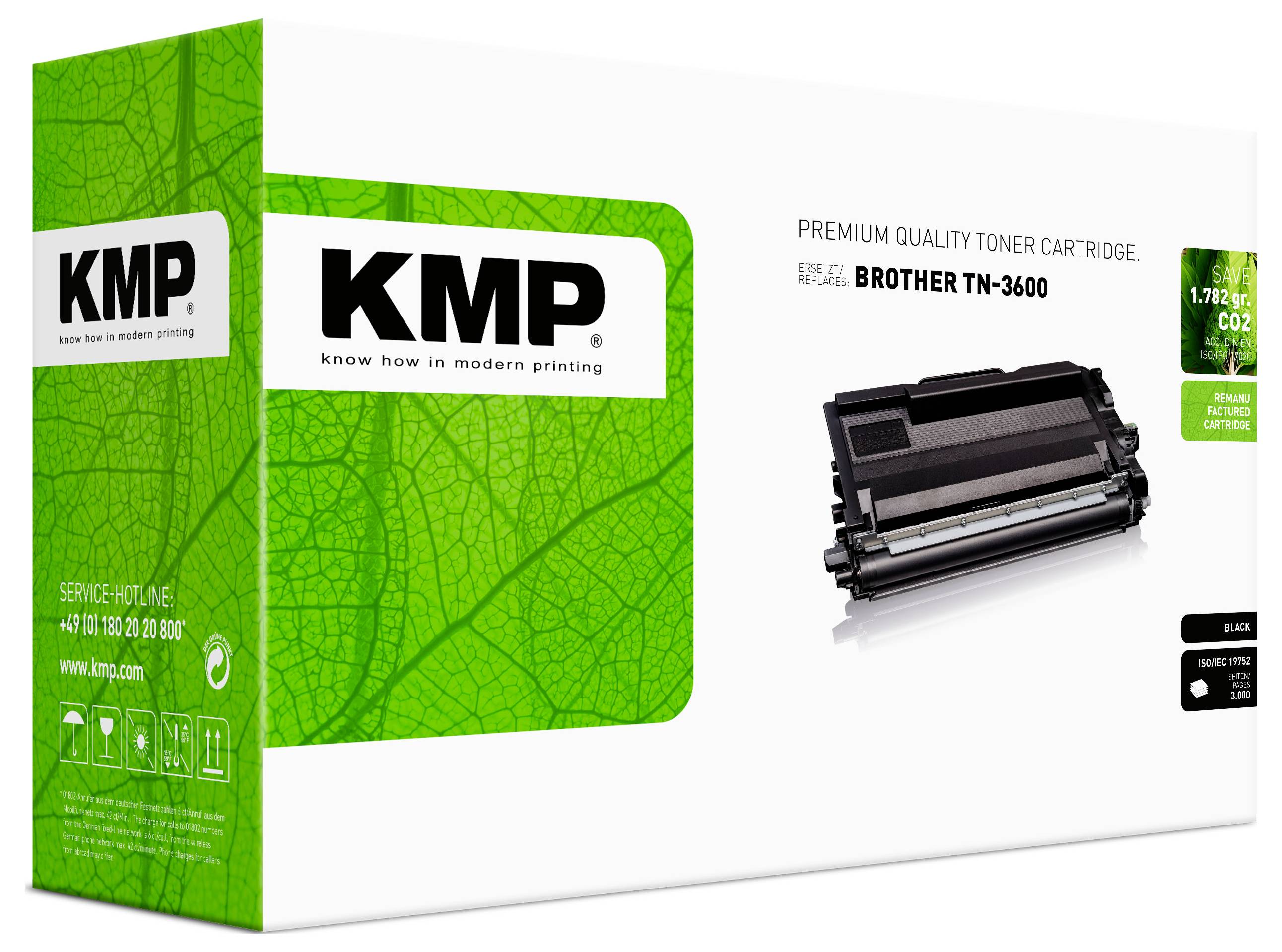 KMP Premium-Qualität Tonerkartusche Verpackung für Brother TN-3600, gezeigt in einer grünen Schachtel mit Tonerbild und Produktetikett.