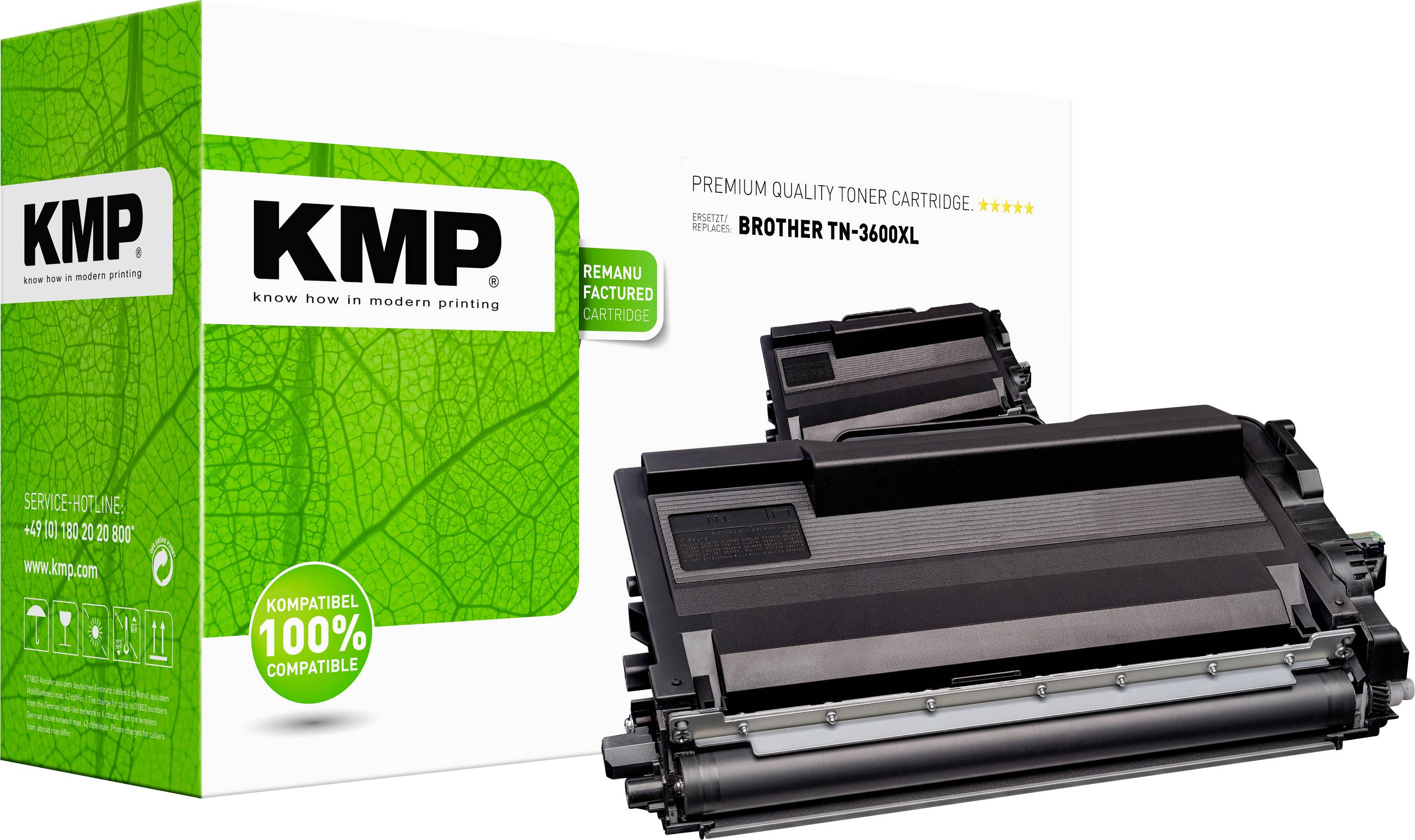KMP Brother TN-3600XL Tonerpatrone Verpackung und Patrone, gekennzeichnet mit „Premium-Qualität Tonerpatrone