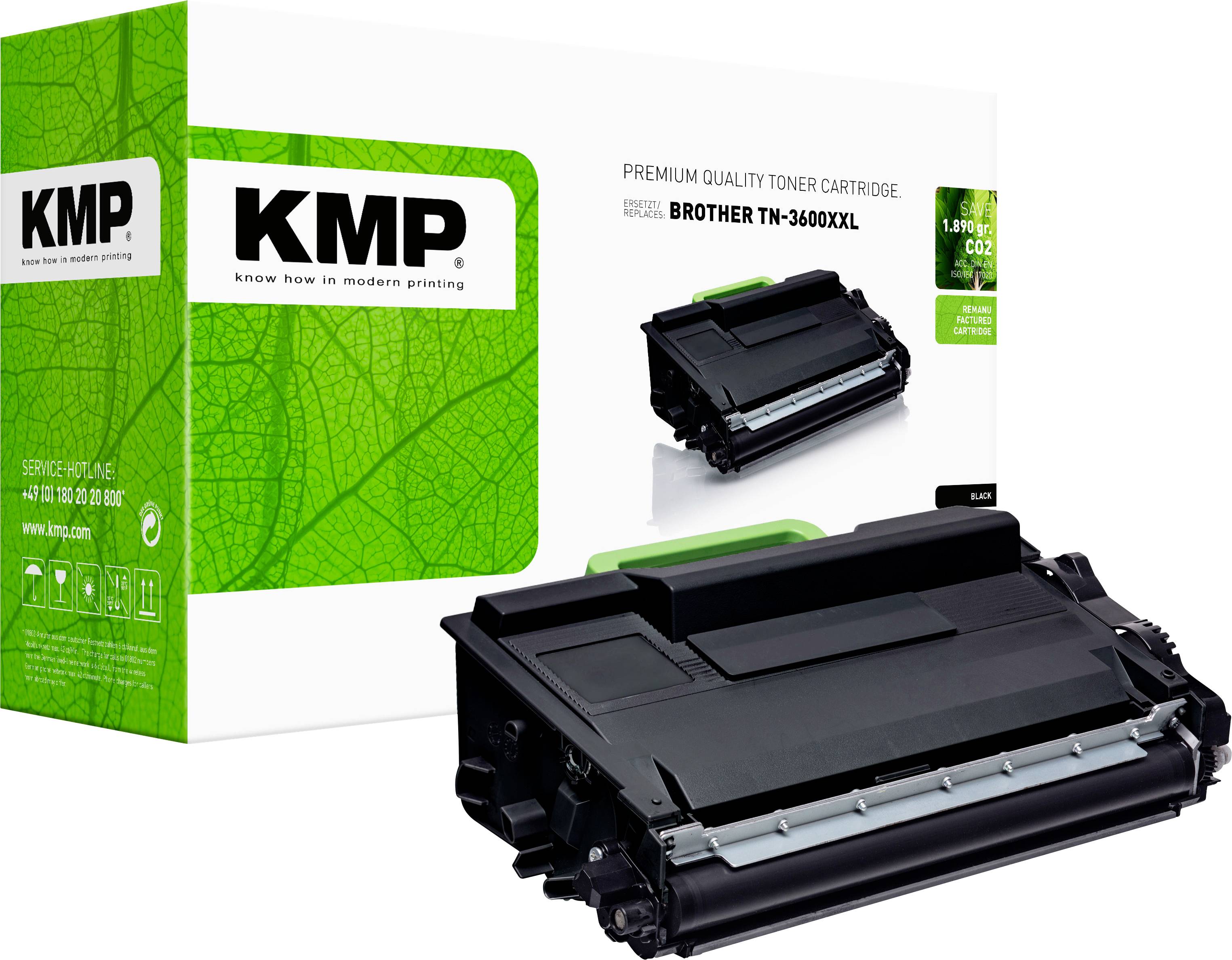 KMP Premium-Qualität Tonerpatrone für Brother TN-3600XXL, gezeigt mit Produktverpackung und Patrone auf weißem Hintergrund.