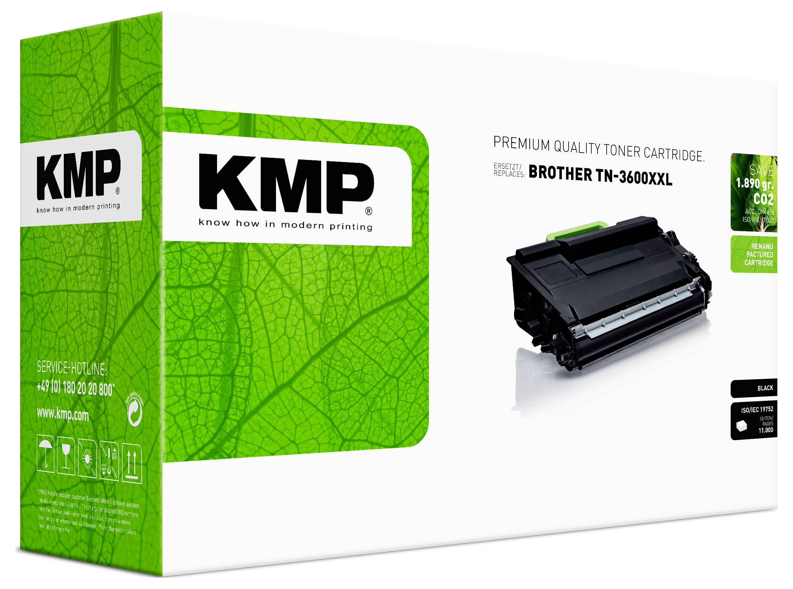 KMP Premium-Qualität Tonerpatrone für Brother TN-360XXL, gezeigt in grüner Verpackung mit Cartridge-Abbildung und schwarzem Etikett.