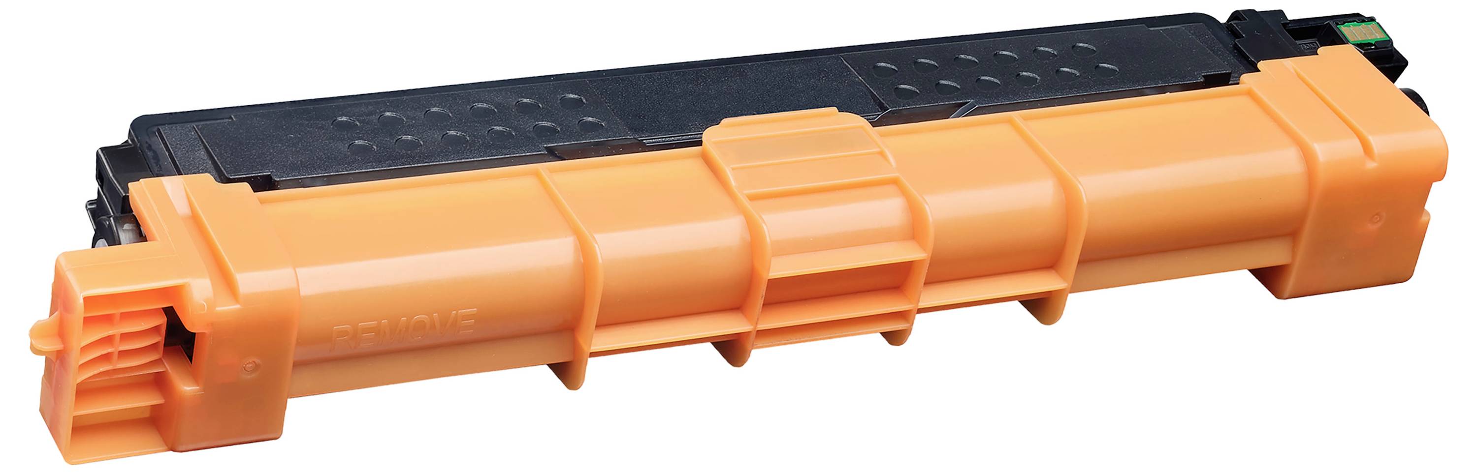 Orange- und schwarze Druckertonerkassette in Seitenansicht auf weißem Hintergrund.