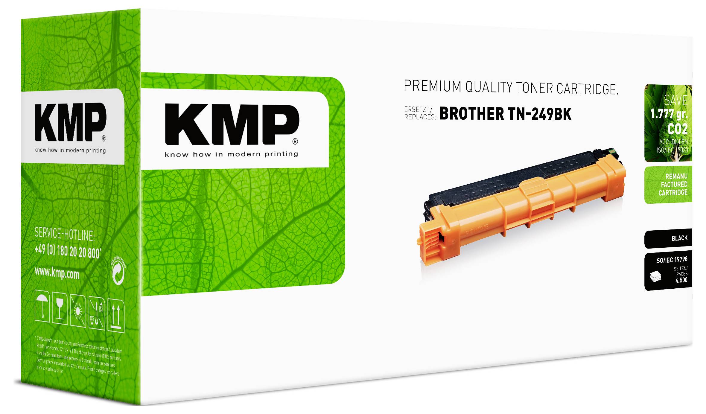 KMP Premium-Qualität Tonerpatrone für Brother TN-249BK, gezeigt mit einer orangefarbenen Tonerpatrone auf weißer Verpackung.