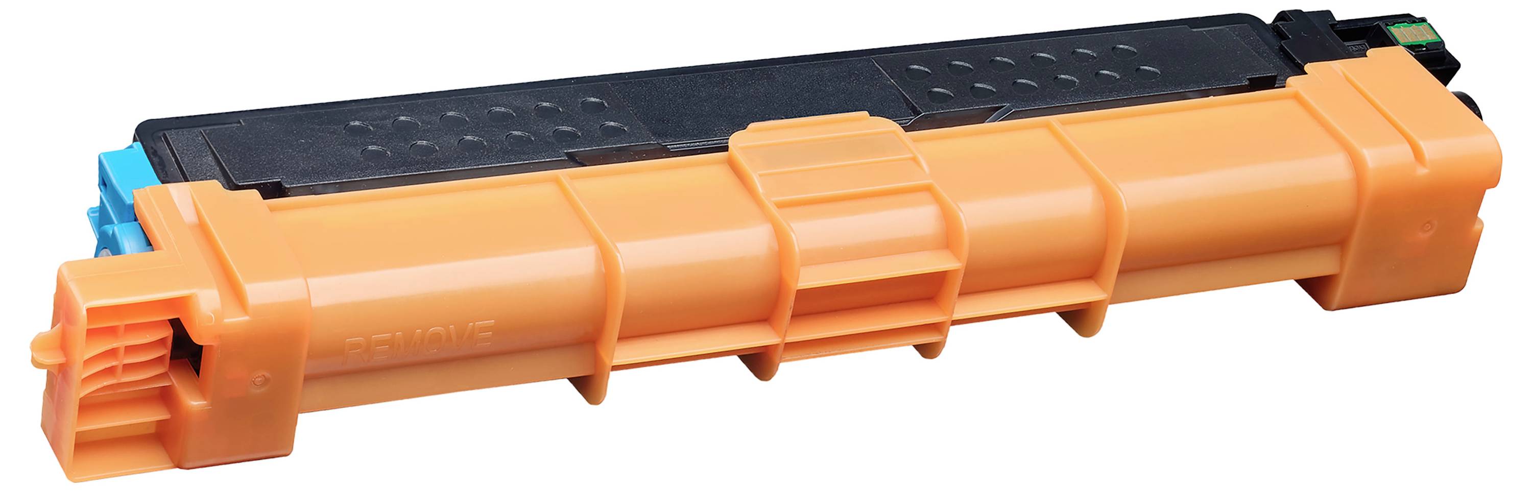 Orange Druckertonerkassette mit schwarzer Kappe und blauer Endkappe, isoliert auf weißem Hintergrund abgebildet.