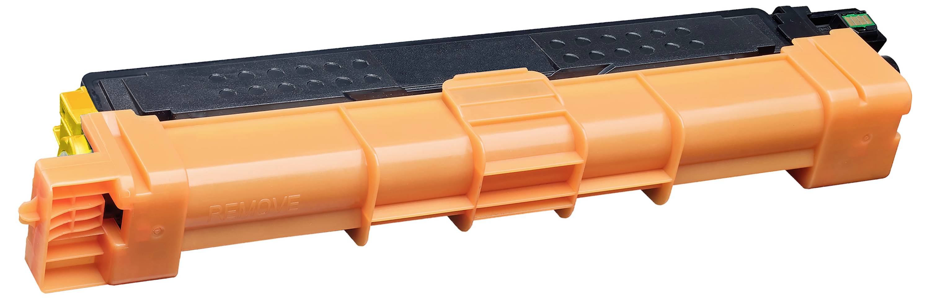 Orange- und schwarze Druckertonerkartuschen mit gelbem Zahnradende, auf weißem Hintergrund abgebildet.