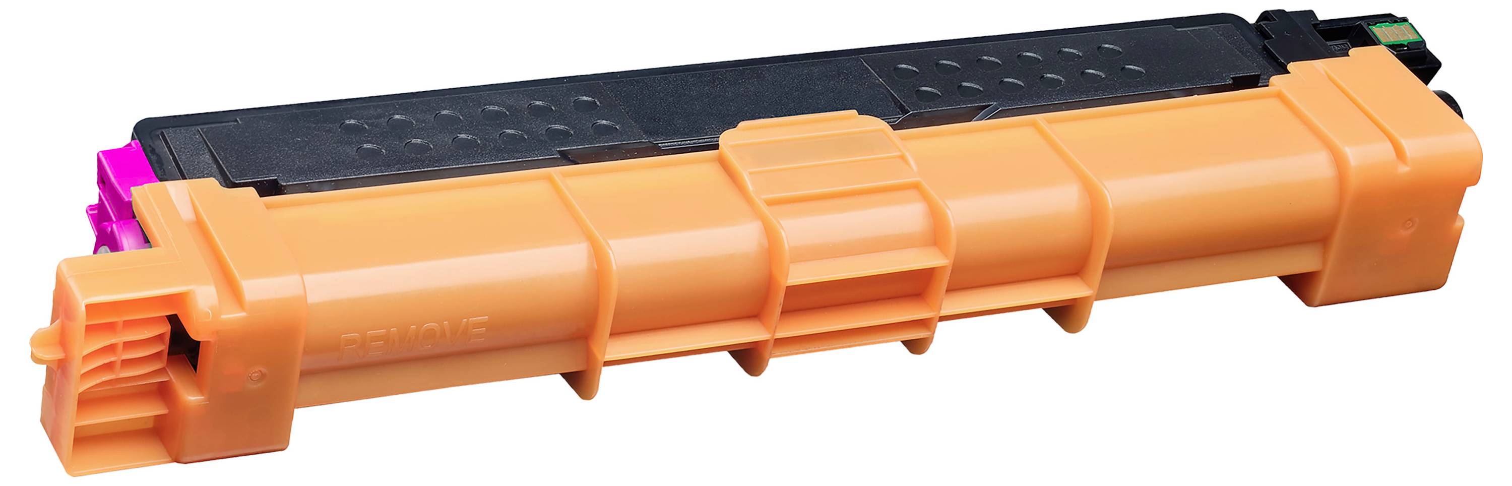 Orange Tonerpatrone mit schwarzem Deckel und rosa Endkappe, isoliert auf weißem Hintergrund dargestellt.