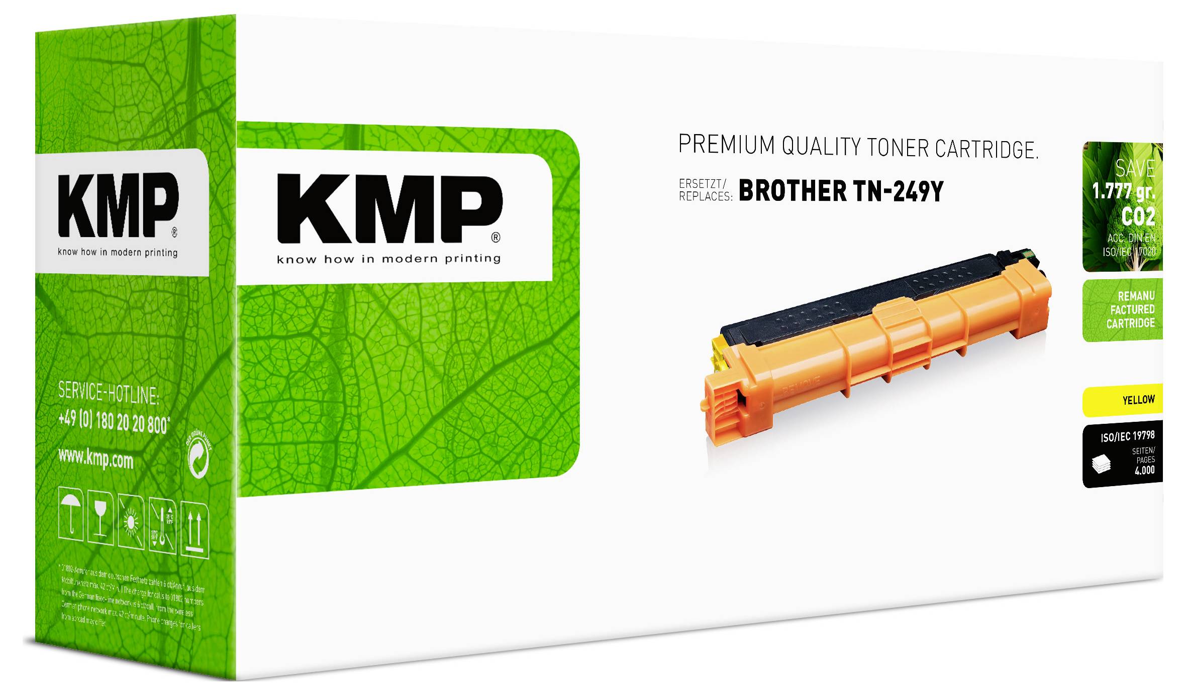 KMP Premium-Qualität Tonerpatrone für Brother TN-249Y, gezeigt in gelber Verpackung mit einer orangefarbenen Tonerpatrone.