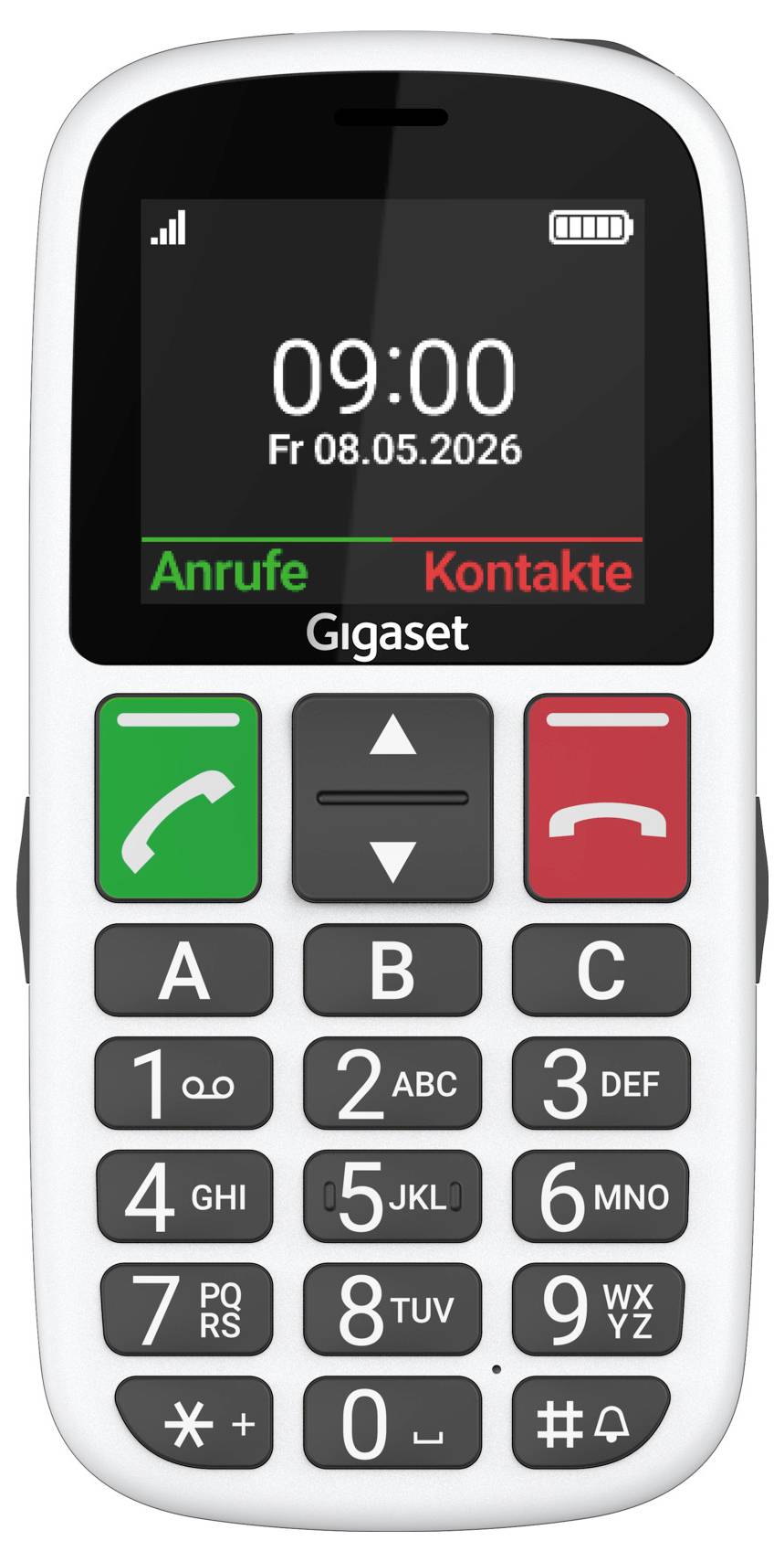 Vorderansicht eines Gigaset-Mobiltelefons mit der Uhrzeit 09:00 und dem Datum 08.05.2026, mit Beschriftungen für Anrufe und Kontakte-Menü sowie großen physischen Tastaturtasten.