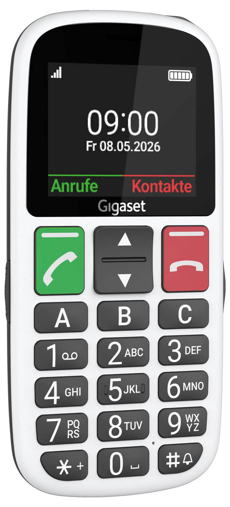 Weißes Gigaset-Feature-Phone, das 09:00 und „Fr 08.05.2026" auf dem Display anzeigt, mit Anruf- und Kontakttasten sowie physischer Tastatur.