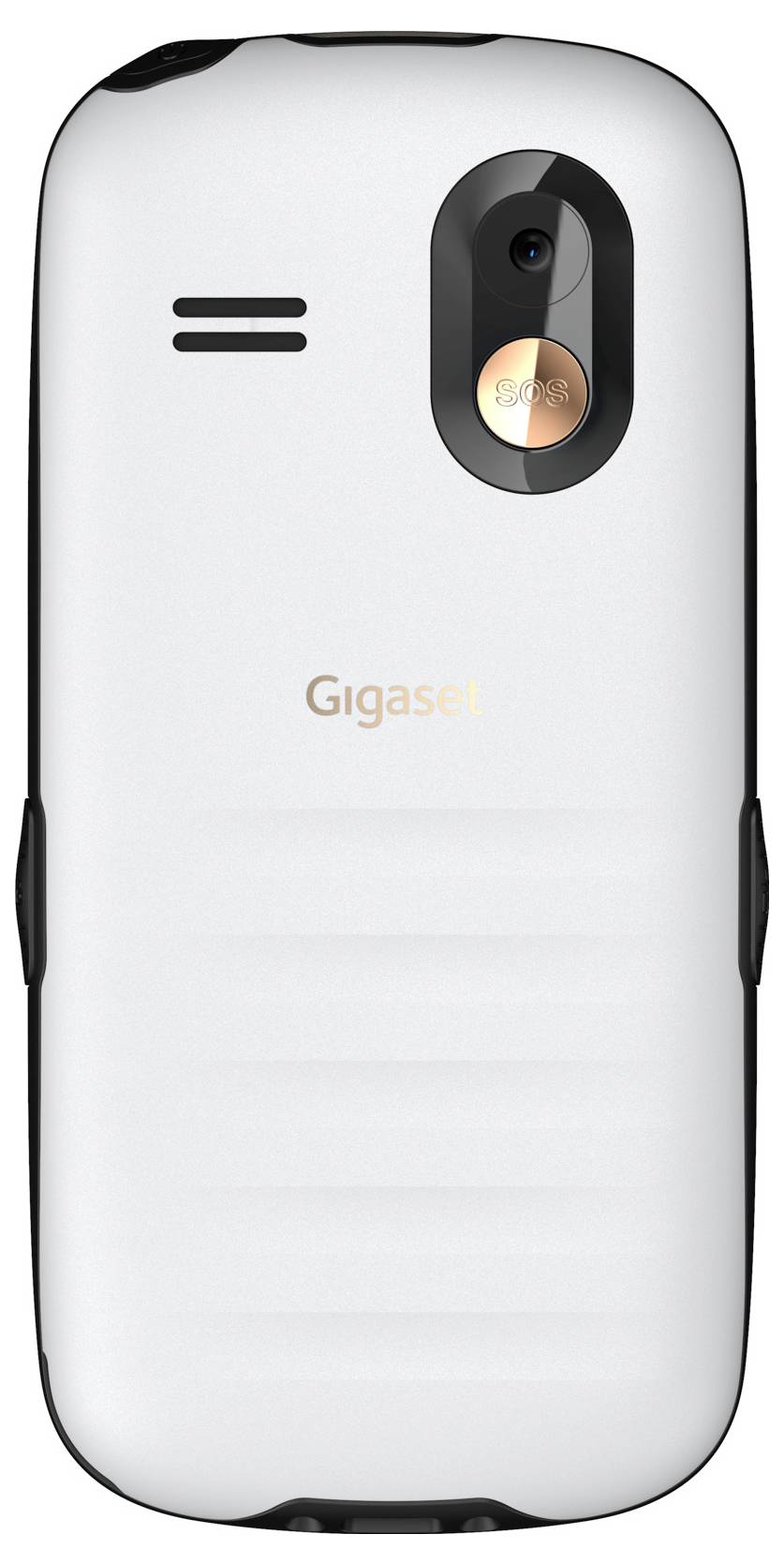 Rückansicht eines weißen Gigaset-Mobiltelefons, das die rückwärtige Kamera, den Blitz, das Lautsprechergitter und das Markenlogo zeigt.