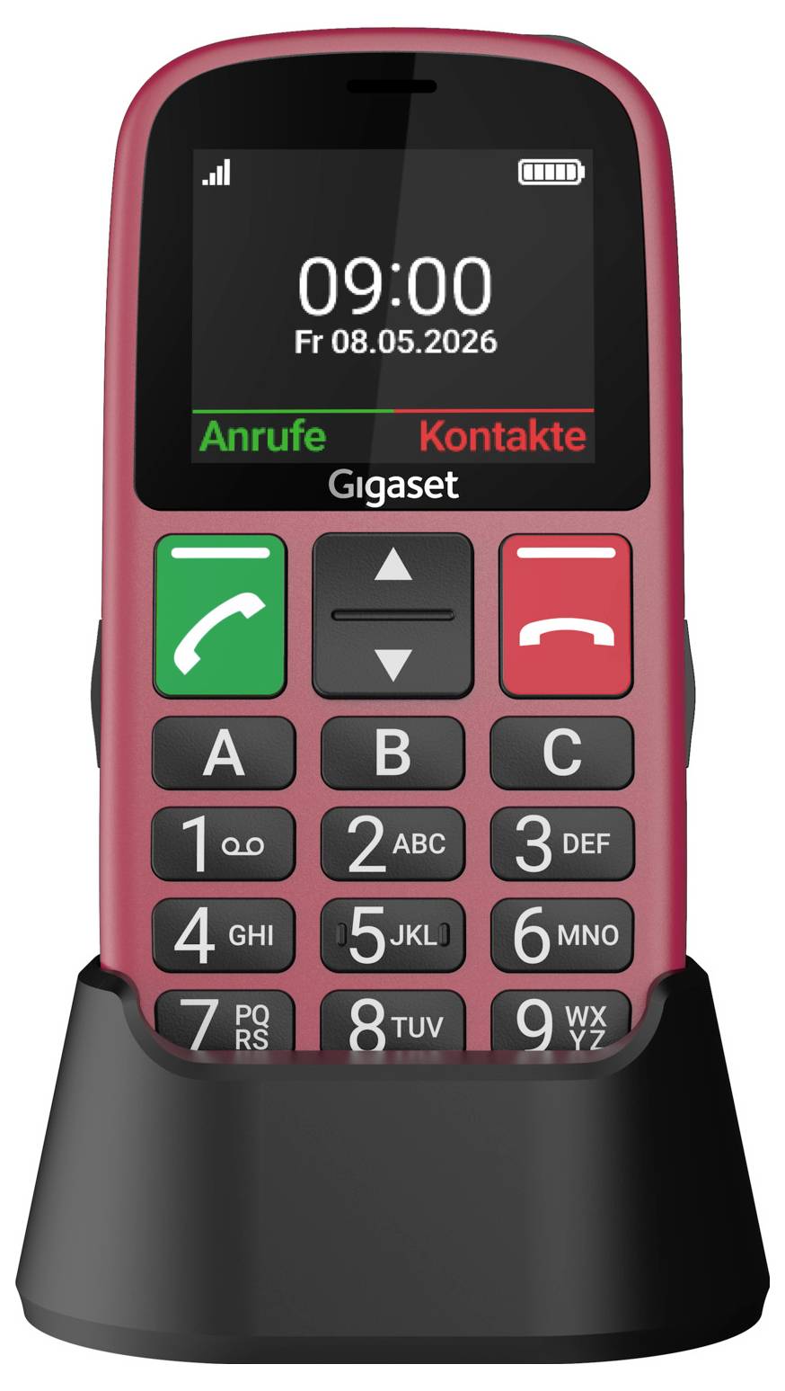 Rotes Gigaset-Mobiltelefon auf einer Ladestation, zeigt 09:00 Uhr an und deutsche Menübeschriftungen 'Anrufe' und 'Kontakte' auf dem Bildschirm.