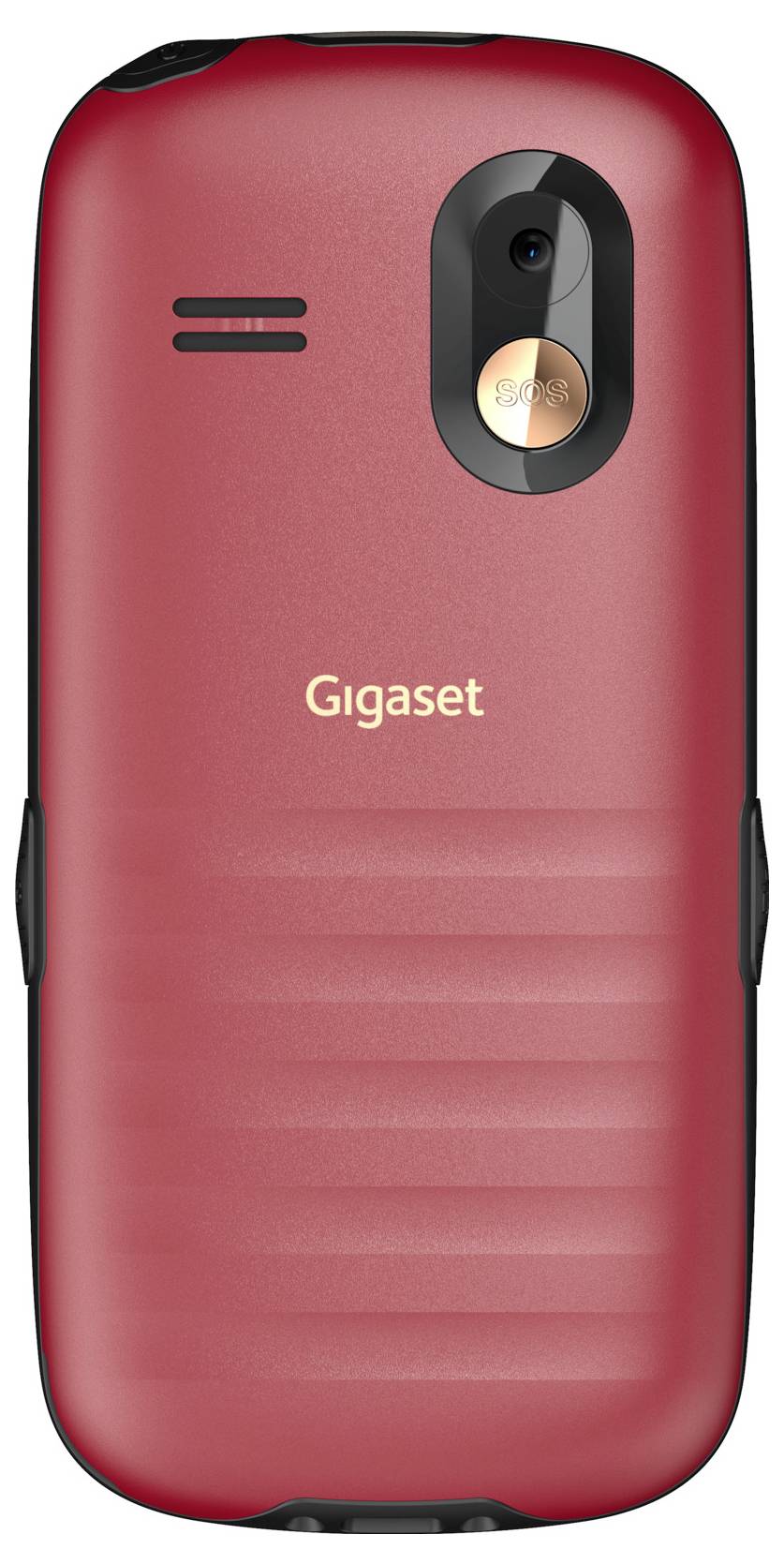 Rückansicht eines roten Gigaset-Mobiltelefons mit hinterer Kamera, Lautsprechergitter und strukturiertem unterem Bedienfeld.