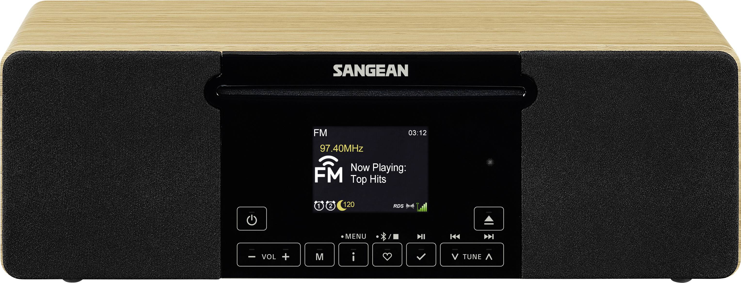 Frontansicht eines schwarzen Sangean-Tischradios mit Holzoberseite, das einen FM-Bildschirm zeigt, auf dem 