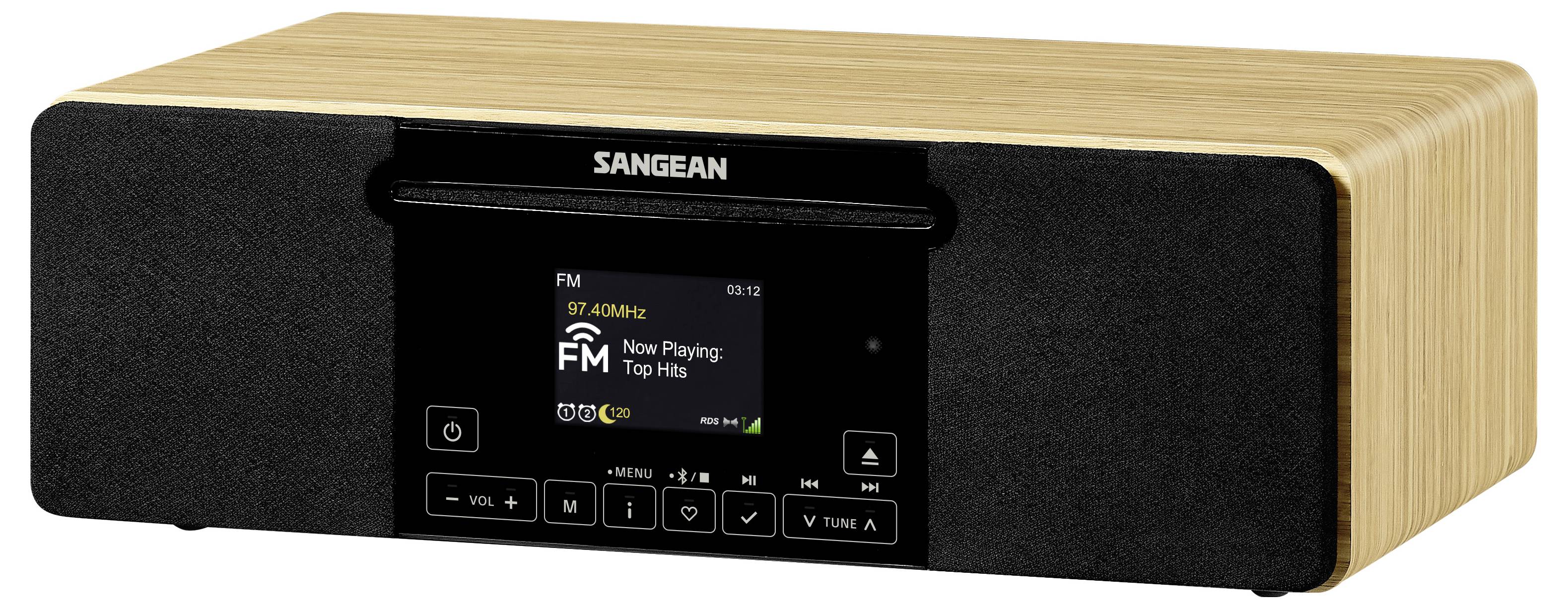 Holzernes Sangean-Tischradio mit schwarzer Frontblende, zentrales Display zeigt 