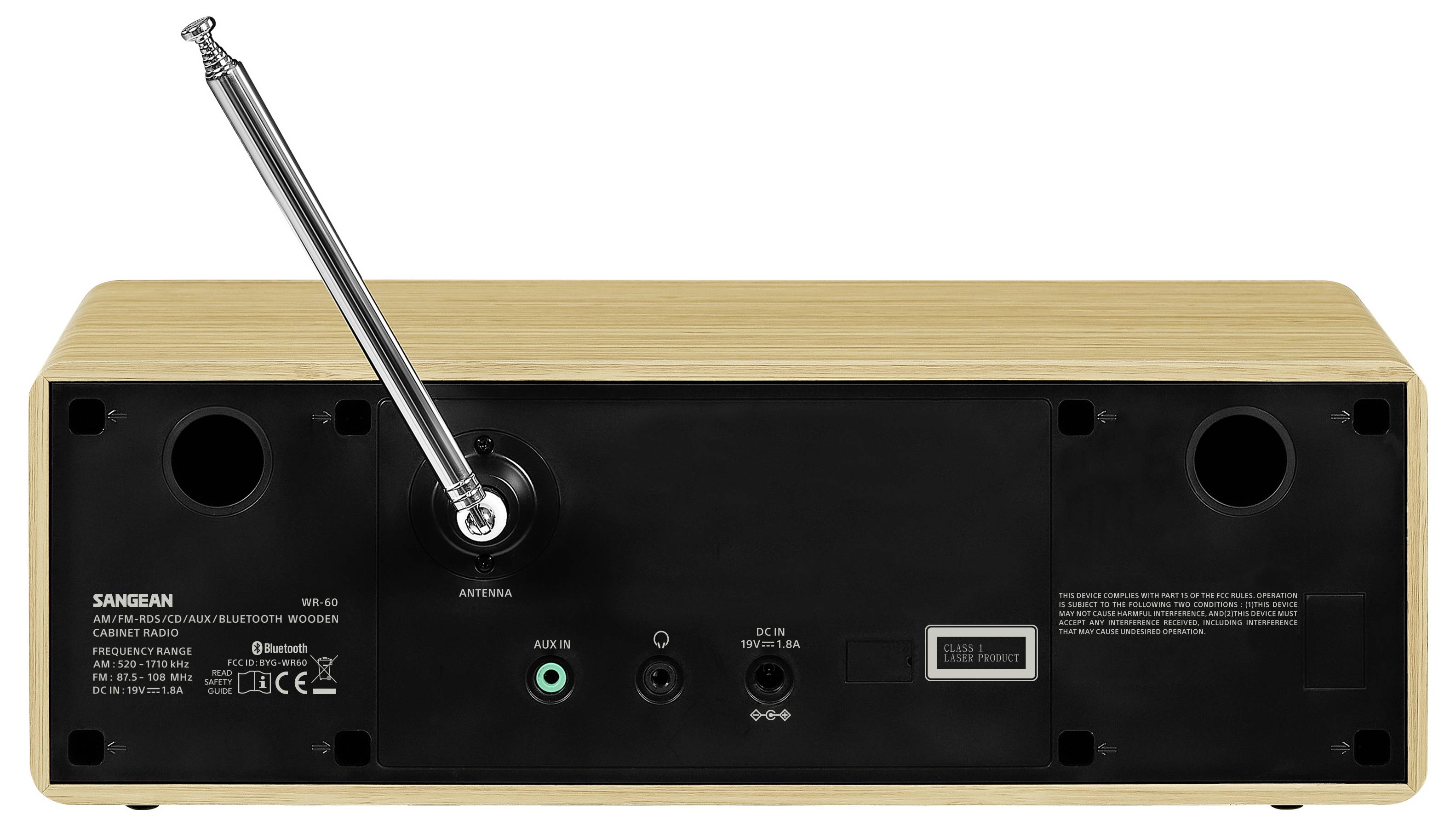 Rückansicht eines hölzernen Sangean-Tischradios mit ausziehbarer Antenne, Stromanschluss, AUX-Eingang und anderen Anschlussanschlüssen.
