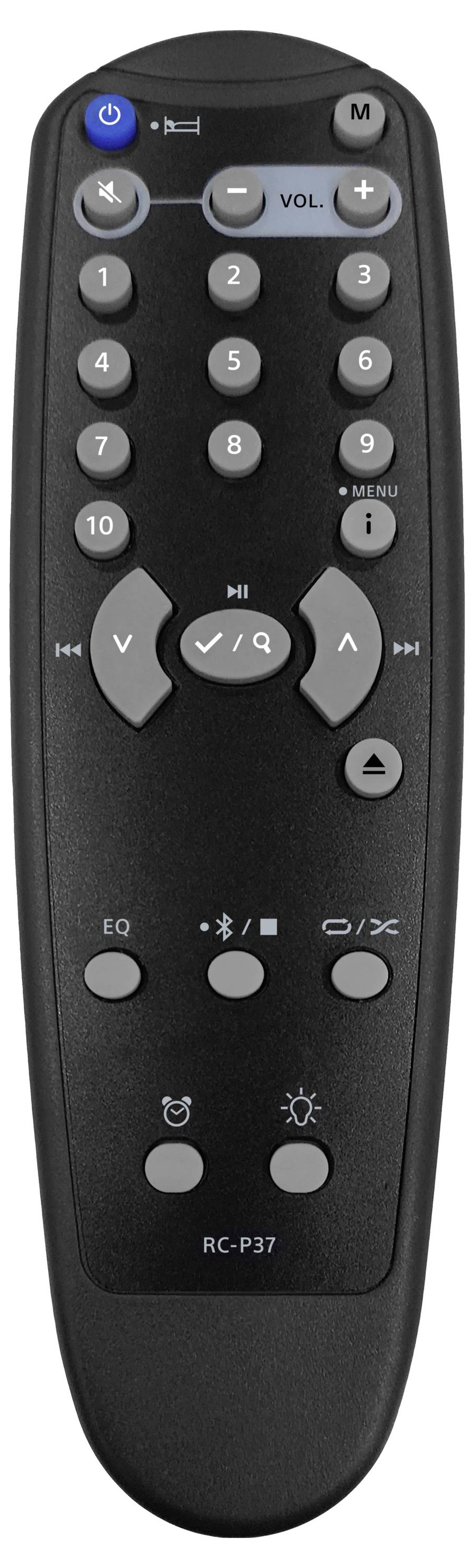 Schwarze Fernbedienung für TV mit Ein-/Aus-, Stummschalt-, Lautstärke-, Nummernblock-, Navigationsring-, Wiedergabe-, Eingangs- und EQ-Tasten; Modell RC-P37.