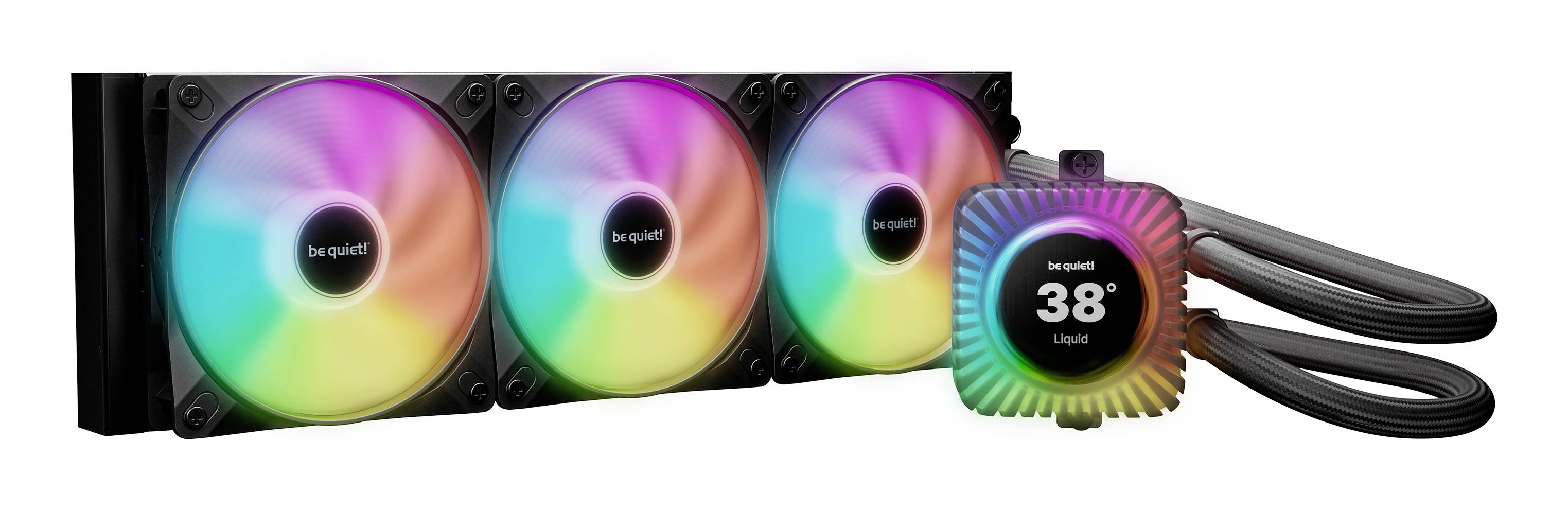 sei ruhig! Flüssigkeit-CPU-Kühler mit drei RGB-Lüftern und einer kreisförmigen Pumpenanzeigezeigt 38° auf den Kühlerschläuchen Schleife nach rechts