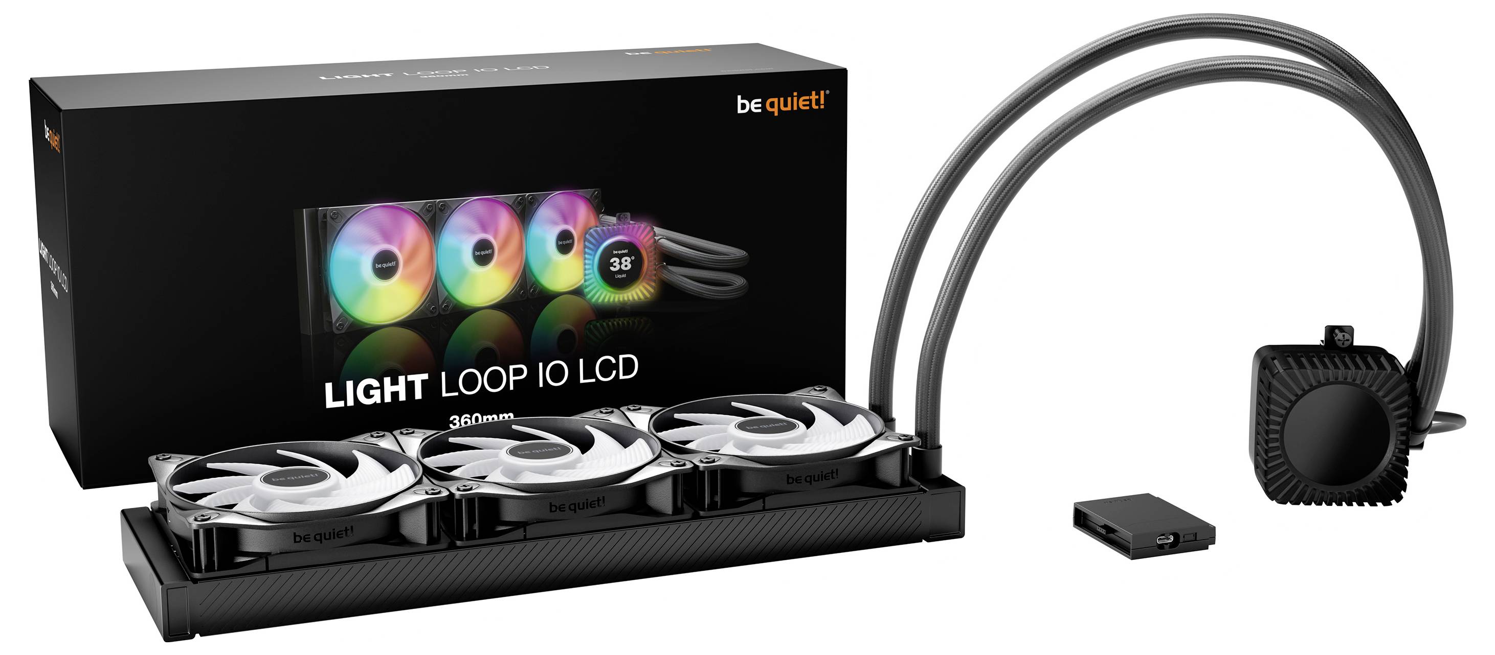 Sei ruhig! Light Loop 360mm LCD Flüssigkeitskühler für CPU mit drei RGB-Lüftern, Radiator, Pumpenkopf und Steuermodul, gezeigt mit Einzelhandelsverpackung.
