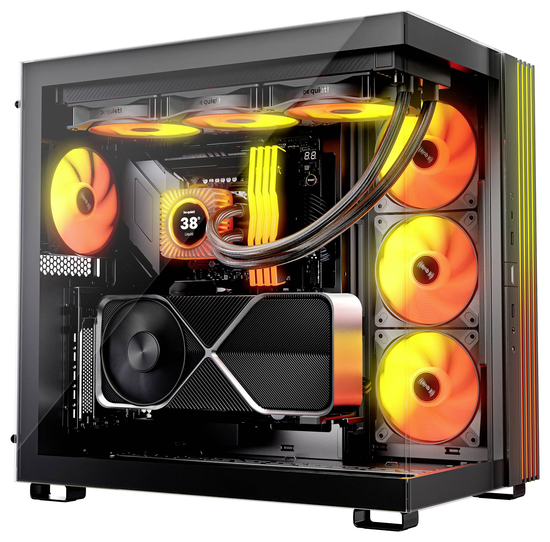 Desktop-PC-Gehäuse mit transparentem Seitenpanel, RGB-beleuchteten Lüftern, Flüssigkeitskühlung und sichtbarer Grafikkarte im Gehäuse.