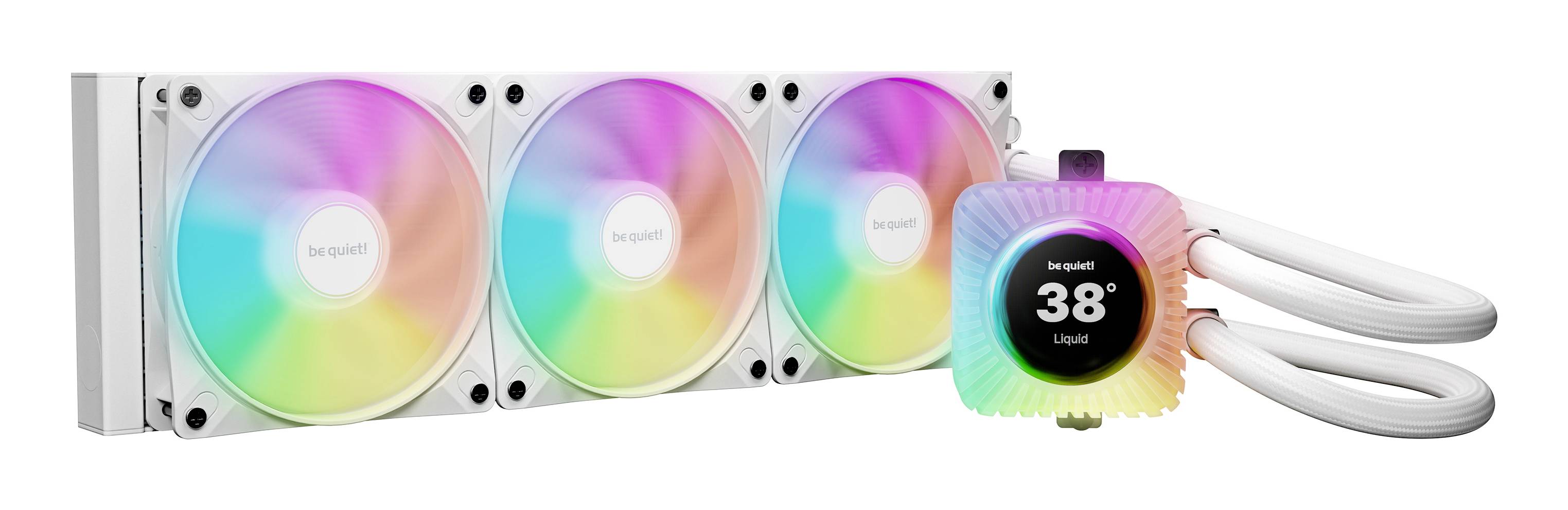 Weiße Flüssigkeitskühlung für CPU mit drei RGB-Lüftern und rundem, farbig beleuchtetem Pumpen-Display mit Anzeige 