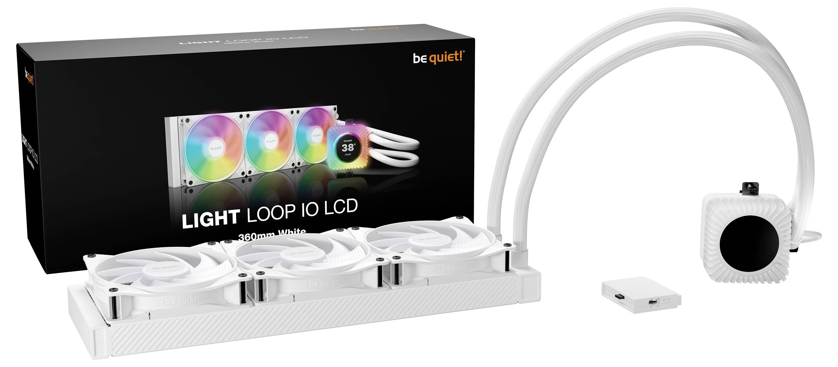 Weiß sei ruhig! Light Loop 10 LCD Flüssigkeits-CPU-Kühler mit drei RGB-Lüftern, einer quadratischen LCD-Pumpe, Schläuchen, Steuerbox und Einzelhandelsverpackung.