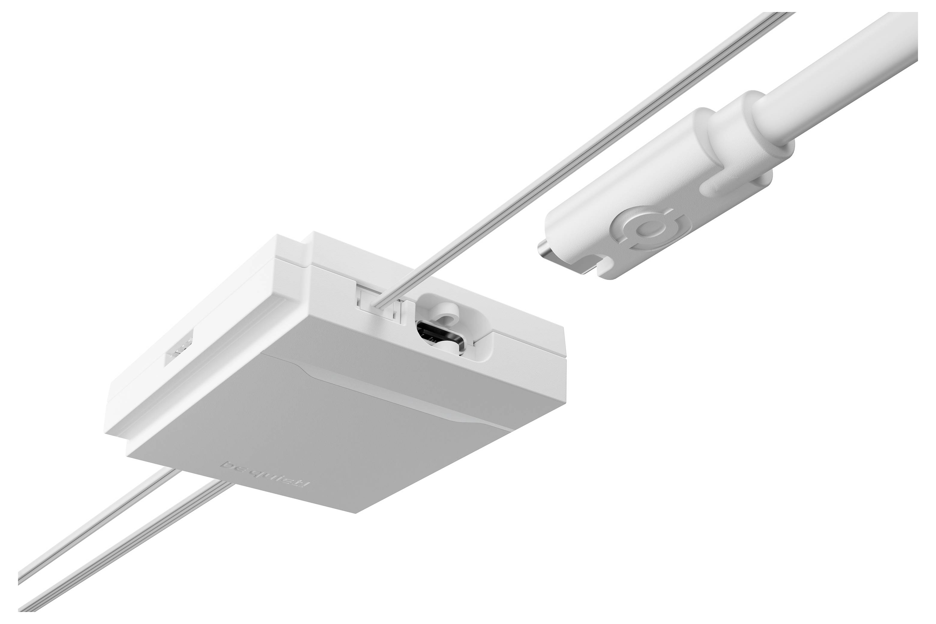 Eine weiße Deckenleuchte mit Schienensystem, die an einer Metallschiene befestigt ist, dargestellt in einer einfachen Produktansicht.