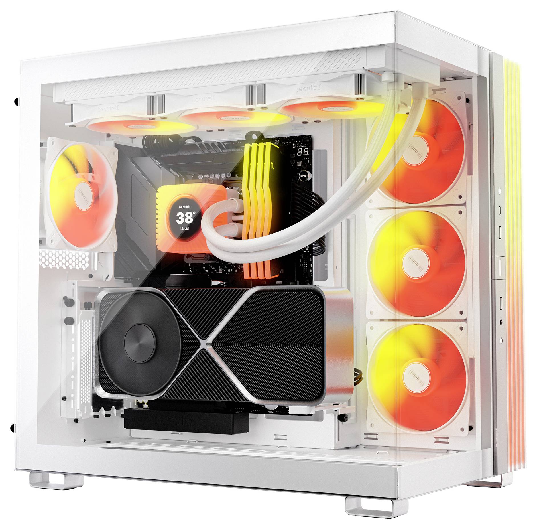 Weißer Gaming-PC-Tower mit Glasseitenpaneel, RGB-beleuchteten Lüftern und Flüssigkeitskühlung, zeigt Grafikkarte und Temperaturanzeige im Inneren.
