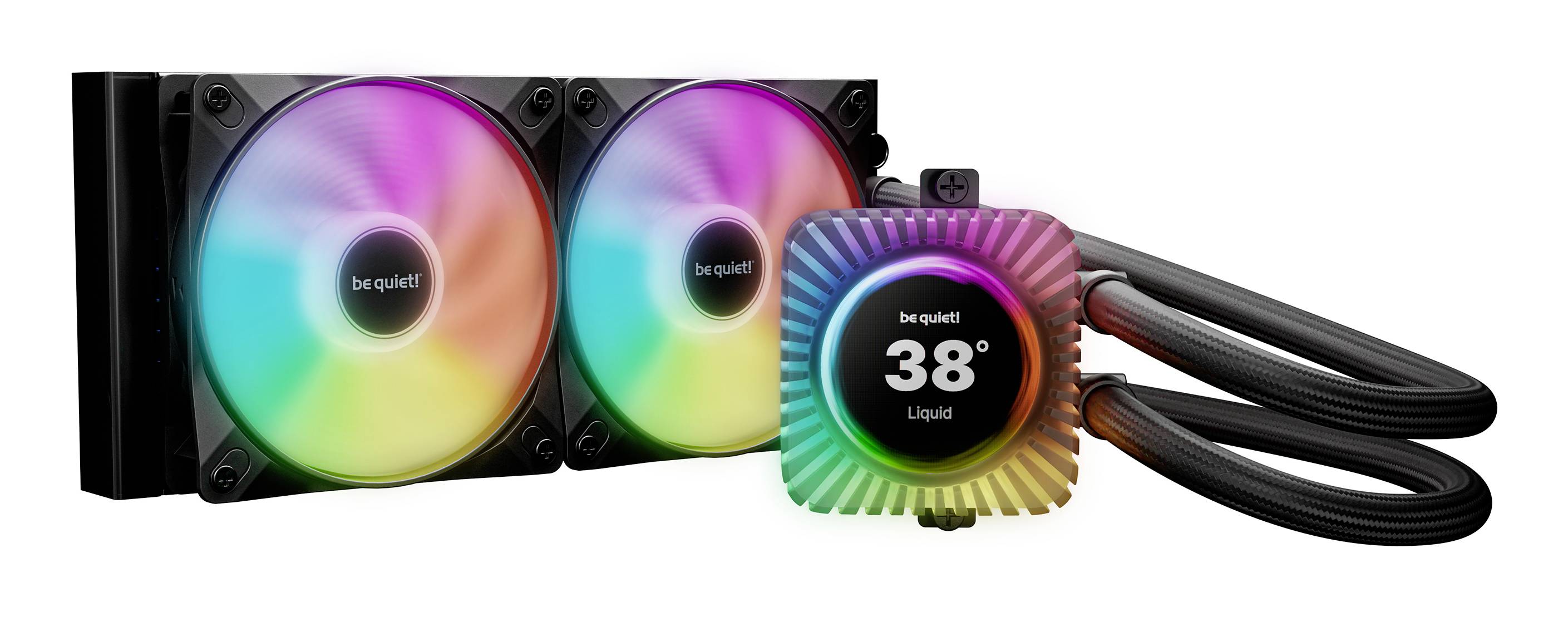 RGB All-in-One Flüssigkeitskühler für CPUs mit zwei 120-mm-Lüftern, Pumpen-Display mit Anzeige von 38° Flüssigkeit und geflochtenen Schläuchen von be quiet.