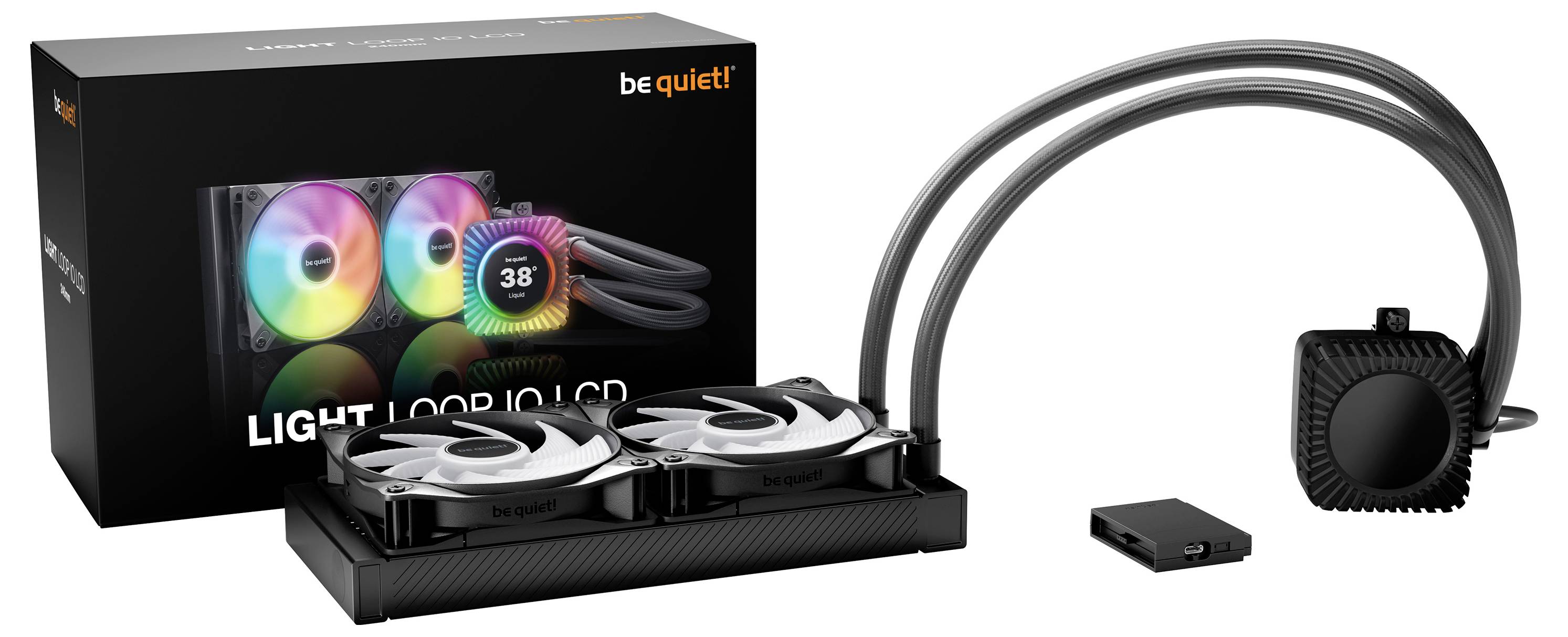 Sei leise! Light Loop 360 Flüssigkeit-CPU-Kühler mit RGB-Lüftern, Pumpe, Schläuchen, Montagezubehör und Einzelhandelskarton auf weißem Hintergrund gezeigt