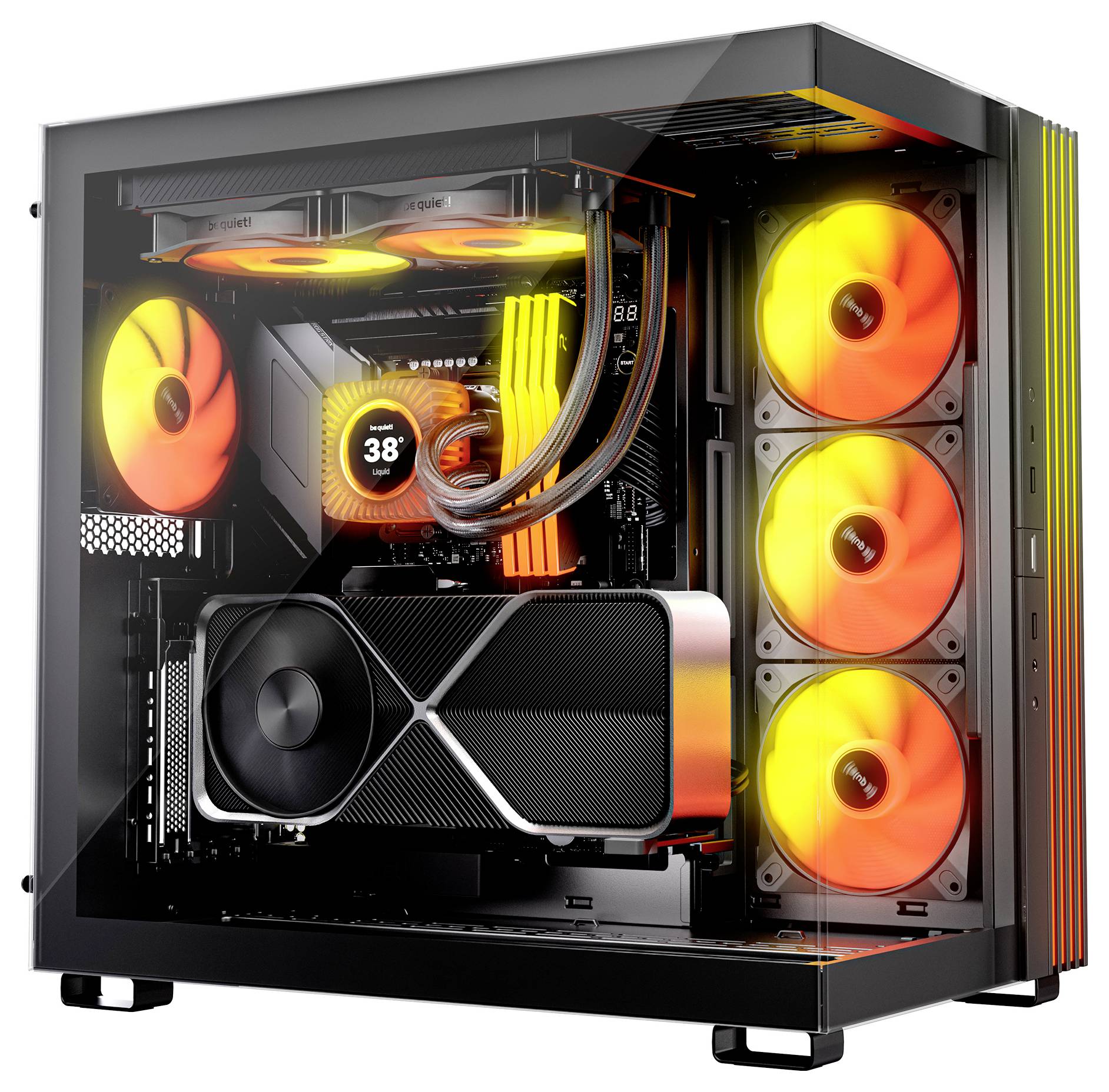 Desktop-Gaming-PC-Tower mit Seitenpanel aus gehärtetem Glas, RGB-beleuchteten Lüftern und Kühlung sowie sichtbarer Grafikkarte und Flüssigkeitskühler im Inneren.