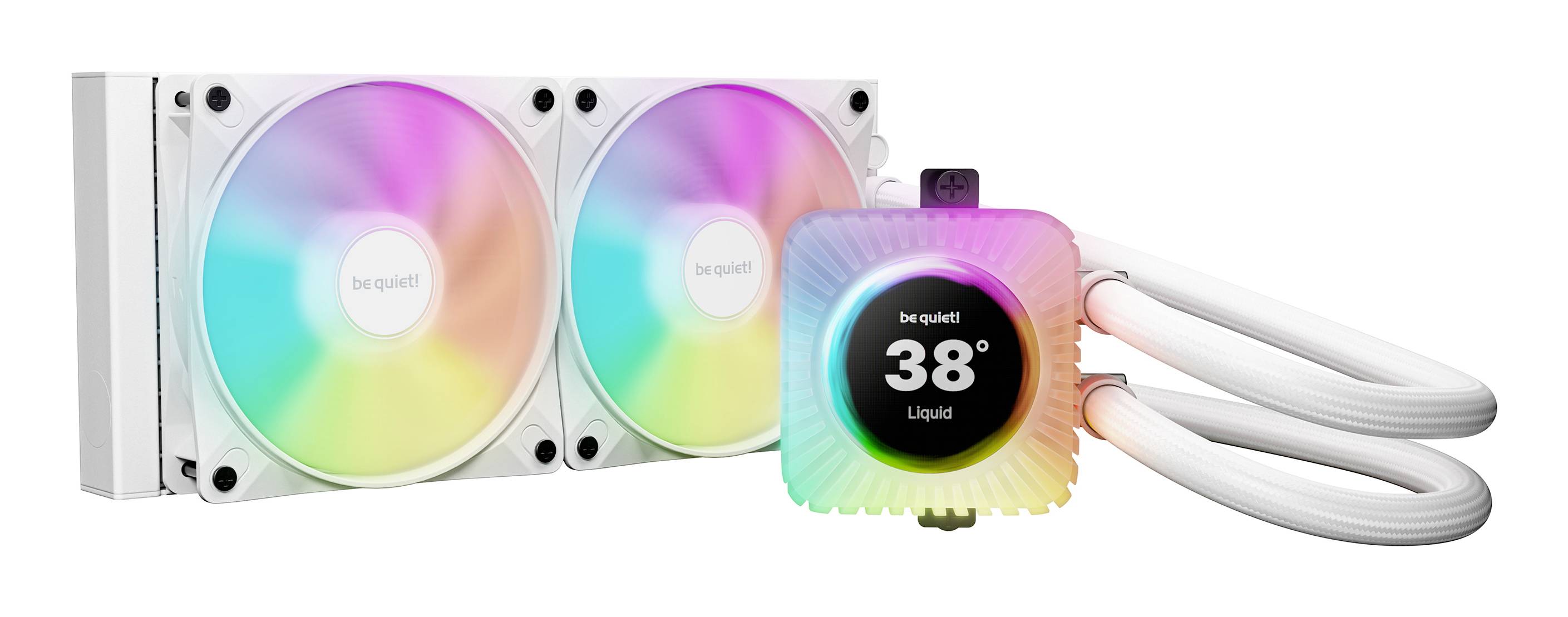 Weißer flüssiger CPU-Kühler mit zwei RGB-beleuchteten Lüftern und leuchtender Pumpenanzeige mit der Anzeige „38°