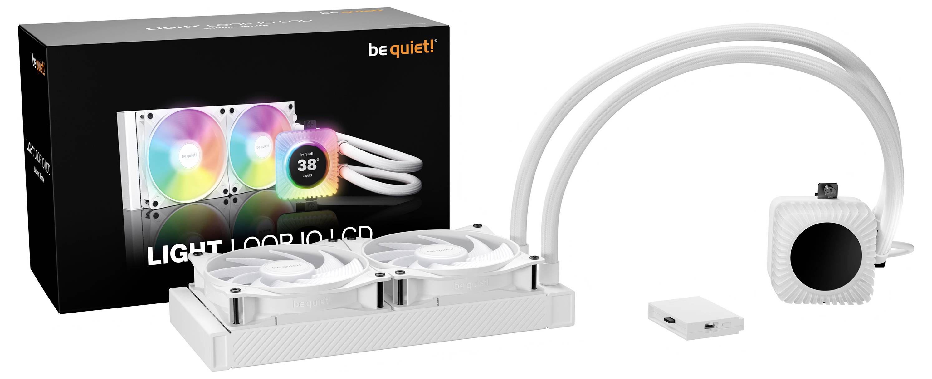 Produktabbildung eines be quiet! Light Loop Flüssig-CPU-Kühlers mit dualen RGB-Lüftern, Radiator, Pumpenkopf, Schläuchen und Steuermodul, gezeigt mit Einzelhandelsverpackung.