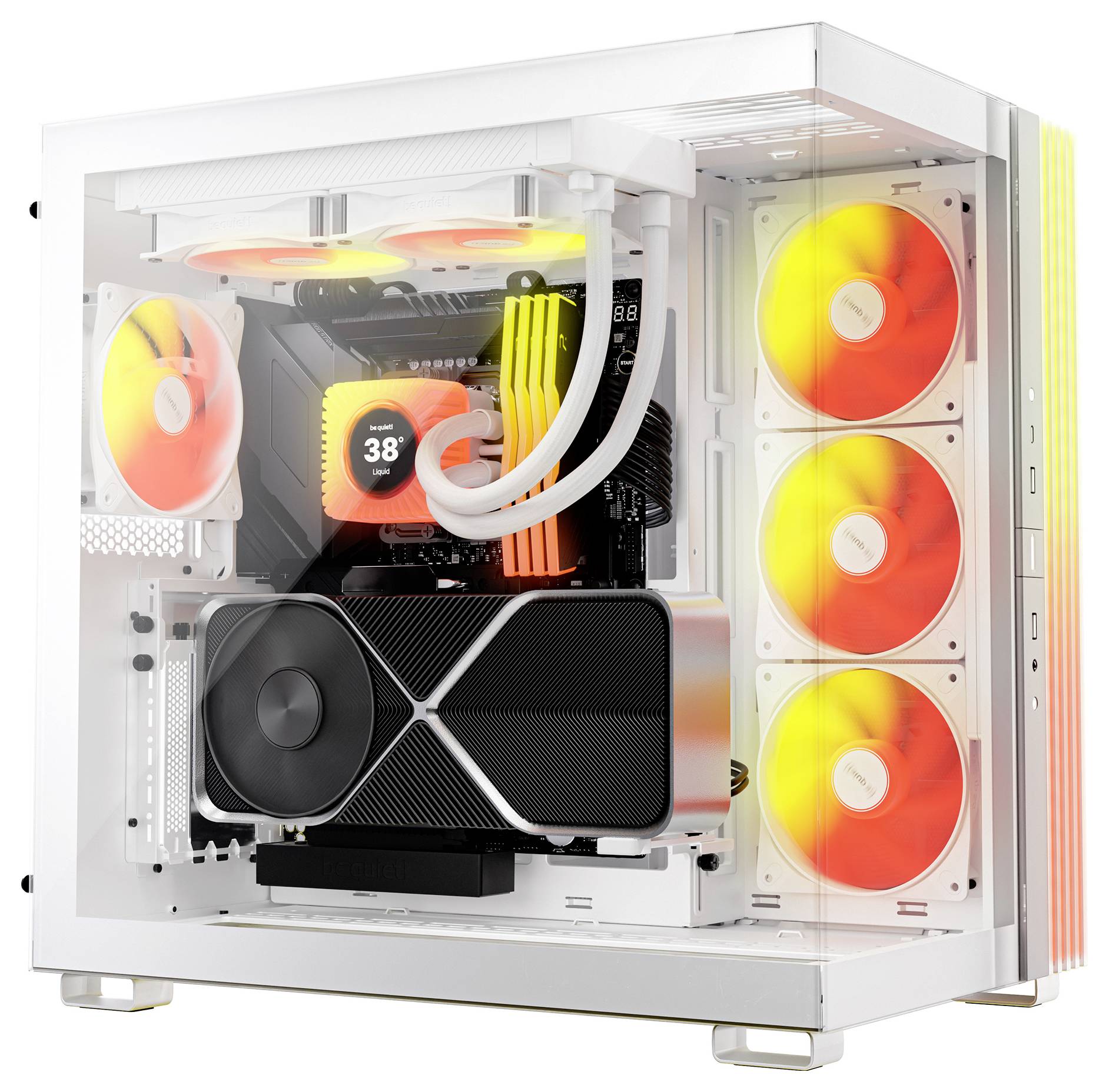 Weißer Custom-Desktop-PC mit durchsichtigem Seitenpanel, RGB-Lüftern und Flüssigkeitskühlung, zeigt interne Komponenten und ein 38°-CPU-Display.