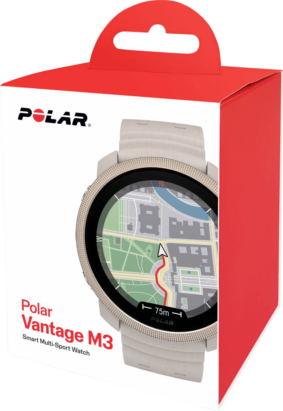 Polar Vantage M3 Smartwatch-Box mit einer runden Uhr mit Navigationsanzeige auf Karte und „Polar