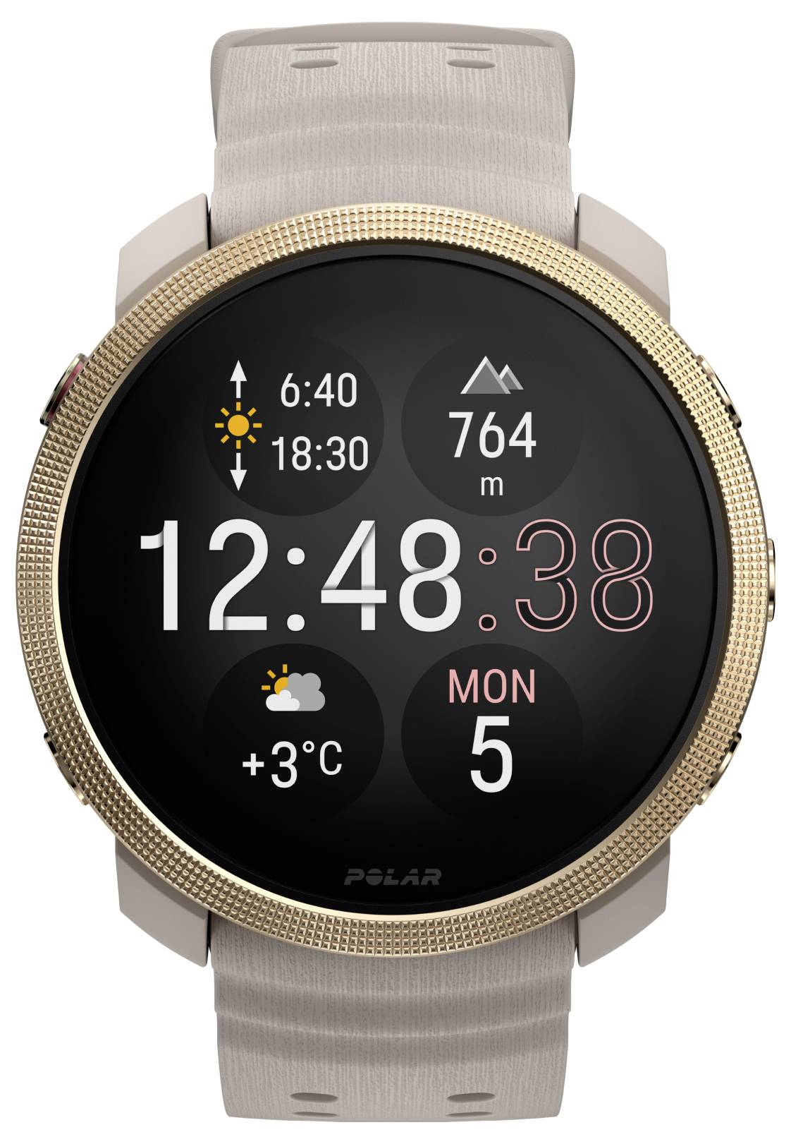 Smartwatch-Display zeigt die Uhrzeit 12:48:38, Montag 5, 3°C Wetter, Sonnenaufgang 6:40, Sonnenuntergang 18:30 und Höhe 764 m auf einem runden Zifferblatt.