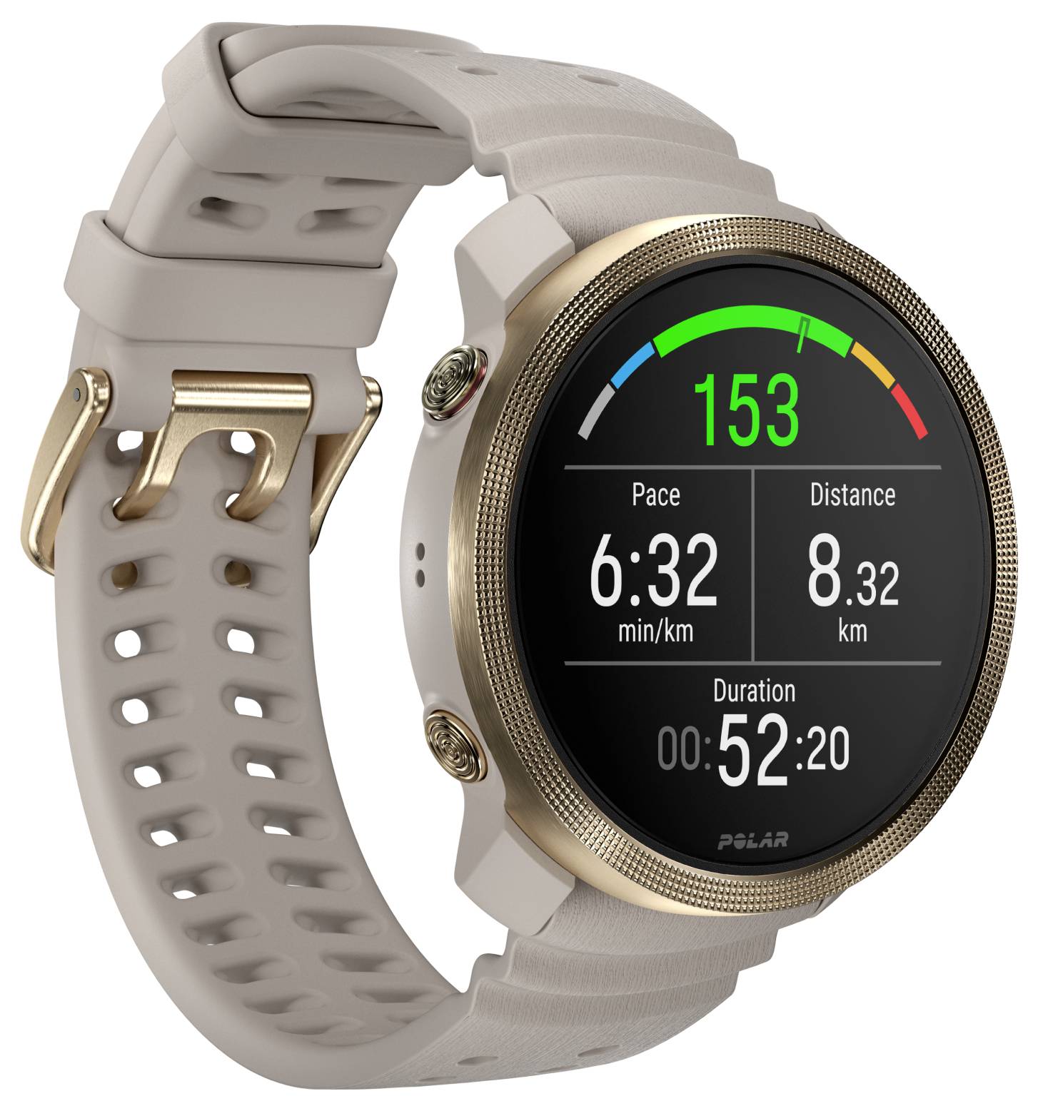 Runde GPS-Sportuhren mit beigem Armband zeigt Workout-Statistiken: Herzfrequenz 153, Tempo 6:32 Min/km, Distanz 8,32 km, Dauer 00:52:20.