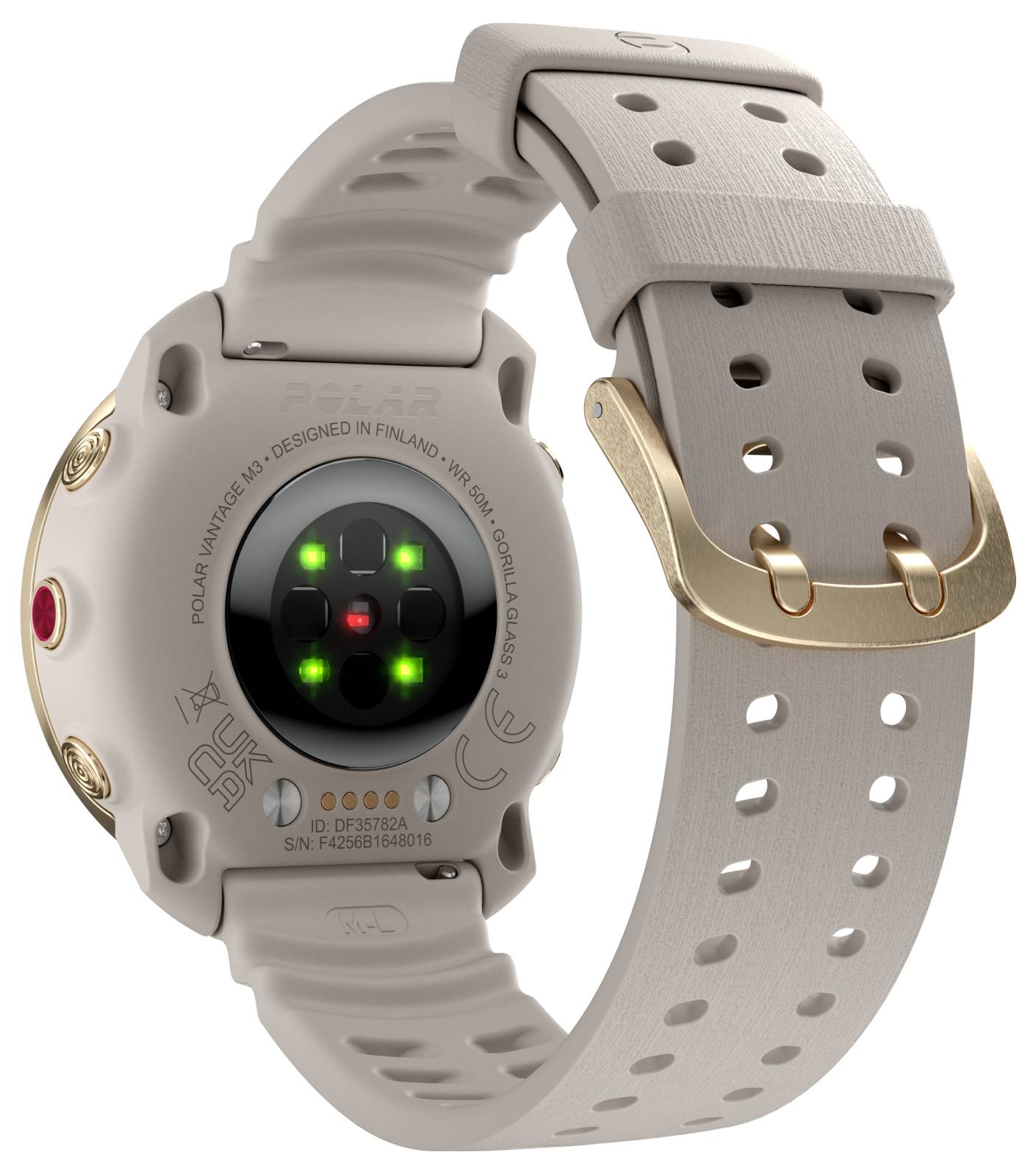 Rückansicht einer beigen Polar Vantage M3 Smartwatch mit perforiertem Sportarmband, die den optischen Herzfrequenzsensor und die goldene Schließe zeigt.