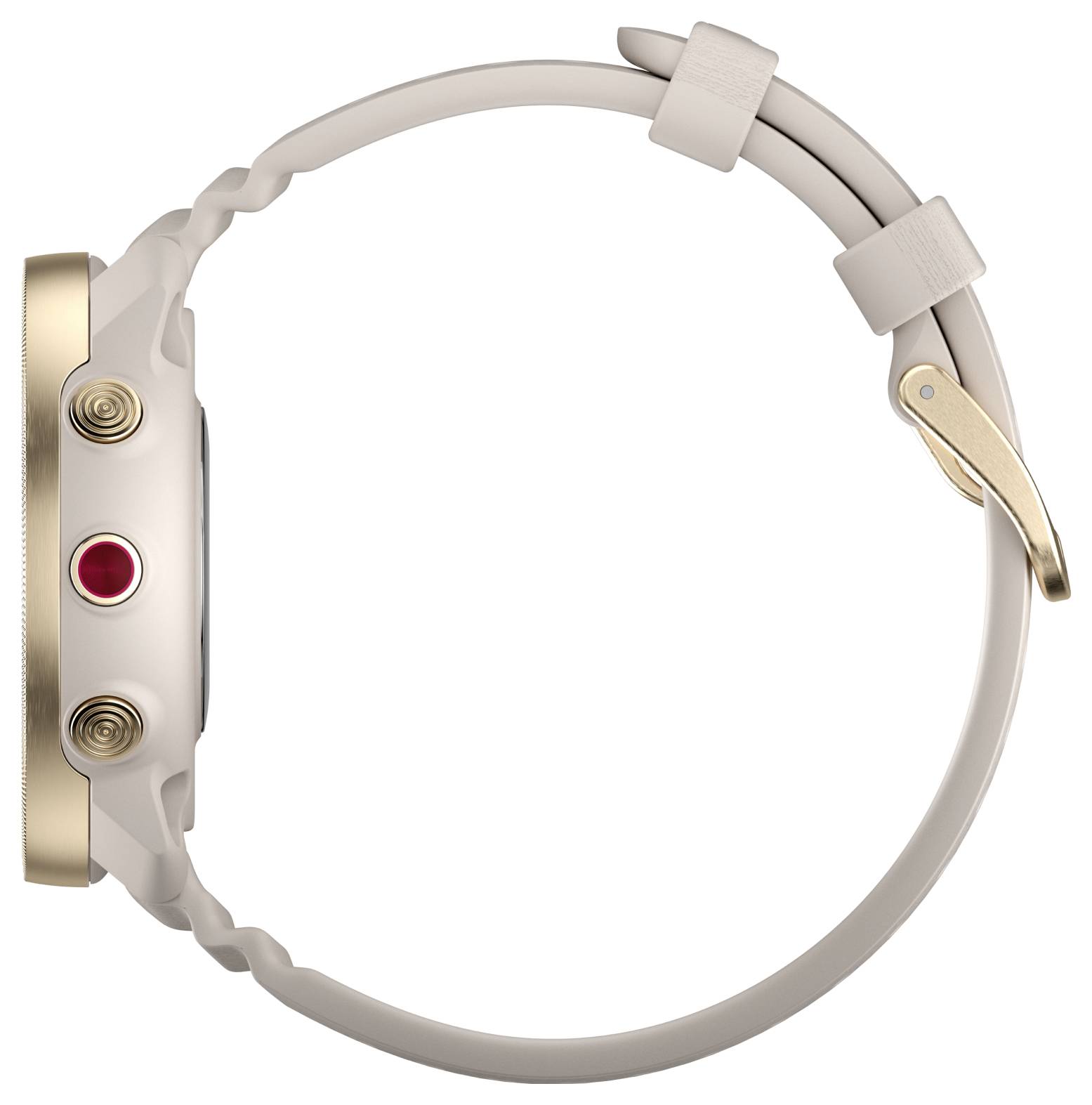 Beige-Smartwatch in Seitenansicht mit rundem Gehäuse, goldener Krone und rotem Knopf sowie verstellbarem Armband auf weißem Hintergrund.