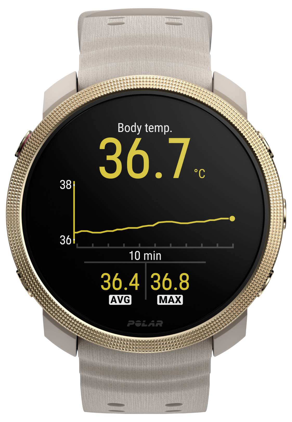 Polar-Smartwatch-Display zeigt Körpertemperatur 36,7°C mit einem 10-Minuten-Liniendiagramm, Durchschnitt 36,4 und Maximum 36,8.